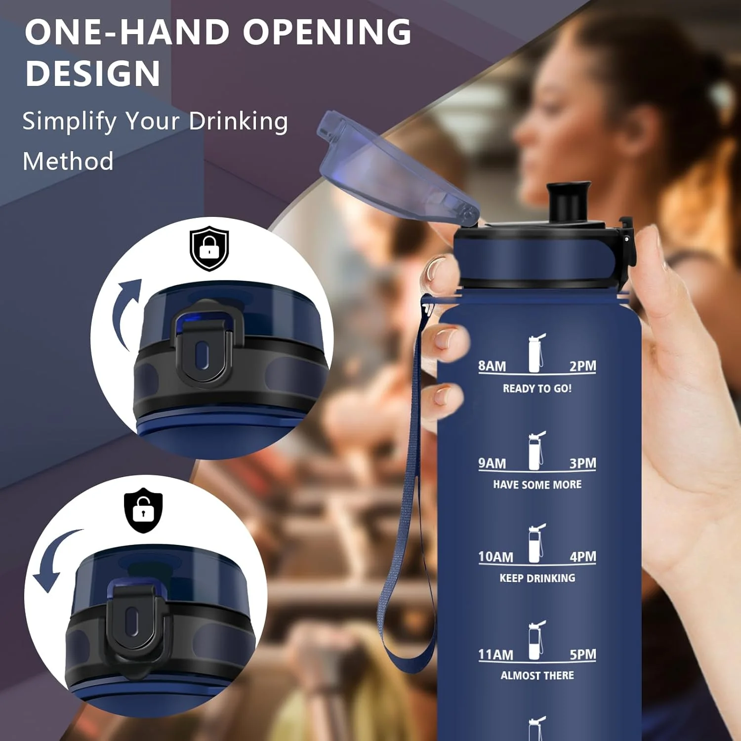 بطری آب گرستا، ۱.۵ لیتر، بطری آب ورزشی با فیلتر، بطری آب با شعار انگیزشی، بطری آب با نشانگر زمان برای تناسب اندام، کمپینگ، فضای باز، پیاده روی، دویدن، یوگا، آبی تیره