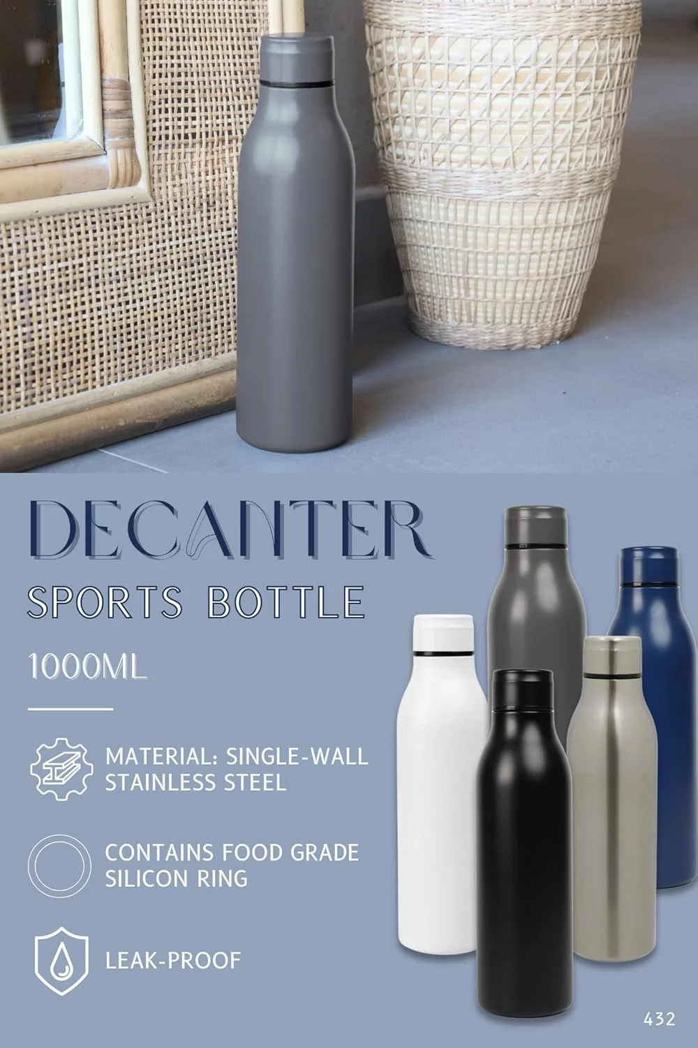 بطری آب ورزشی 1 لیتری Giftmate، بطری های آب استیل ضد زنگ برای بزرگسالان، کودکان، دفتر کار، ضد نشت، شیک، بدون BPA، بطری برای ورزشگاه، ورزش، فضای باز (نقره ای)