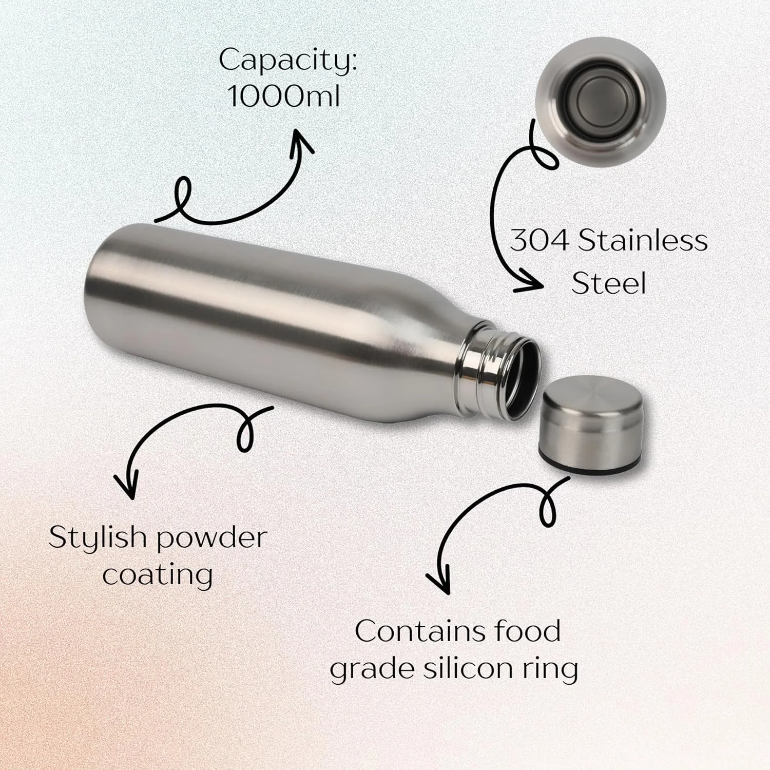 بطری آب ورزشی 1 لیتری Giftmate، بطری های آب استیل ضد زنگ برای بزرگسالان، کودکان، دفتر کار، ضد نشت، شیک، بدون BPA، بطری برای ورزشگاه، ورزش، فضای باز (نقره ای)