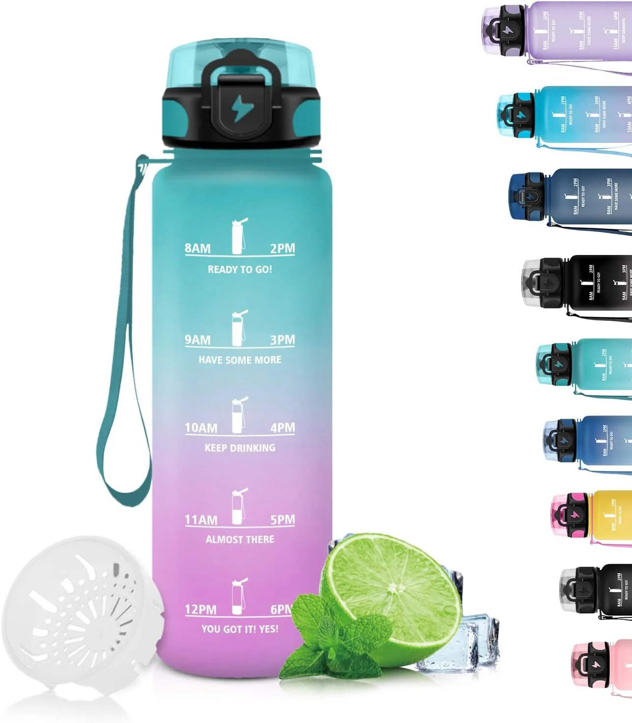 بطری آب گرستا، بطری نوشیدنی کودکانه 500 میلی لیتری، بطری نوشیدنی برای نوشیدنی های گازدار با فیلتر، بطری آب با نشانگر زمان، تمیز کردن آسان، بطری آب برای مدرسه، تناسب اندام، یوگا