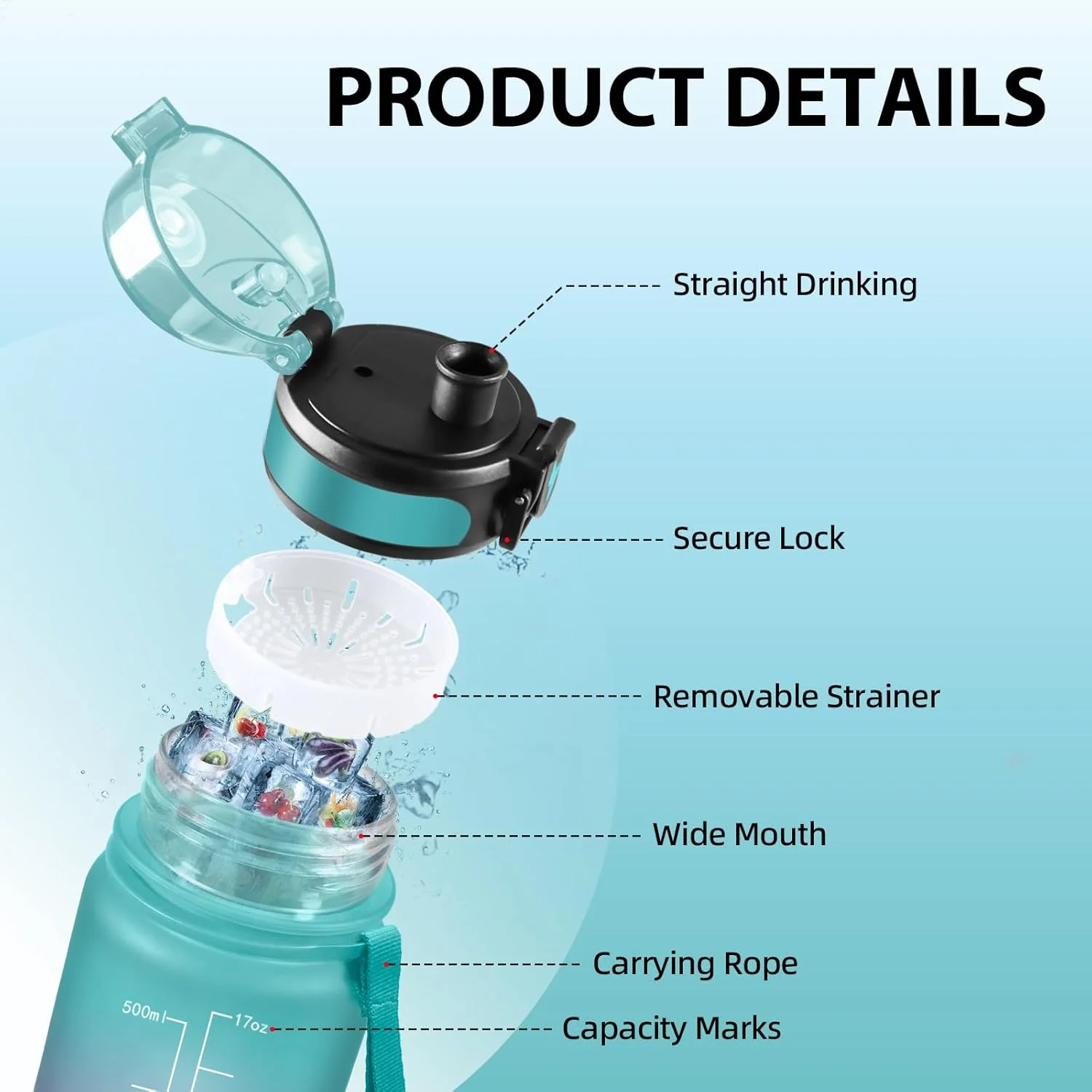 بطری آب گرستا، بطری نوشیدنی کودکانه 500 میلی لیتری، بطری نوشیدنی برای نوشیدنی های گازدار با فیلتر، بطری آب با نشانگر زمان، تمیز کردن آسان، بطری آب برای مدرسه، تناسب اندام، یوگا