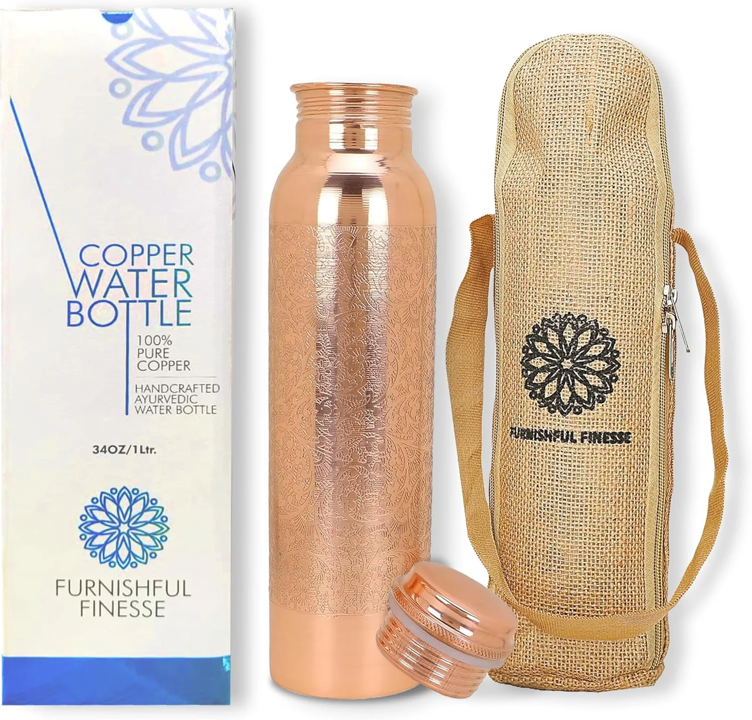 بطری آب مسی خالص 1000 میلی لیتری با کیف حمل، پرداخت طبیعی، 1 عدد