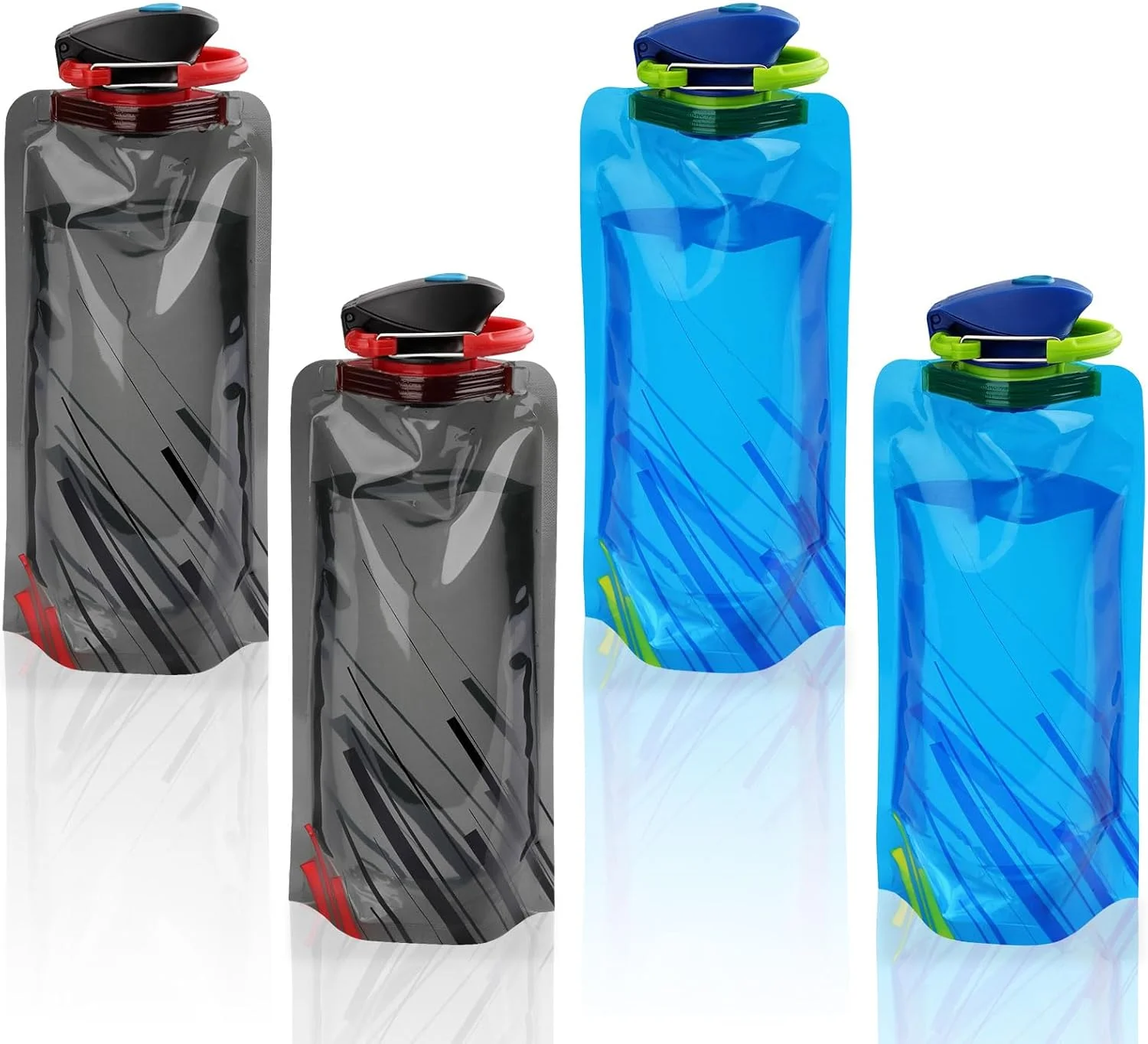 ست ۴ عددی قمقمه تاشو آب، قمقمه ورزشی قابل حمل، قمقمه آب چند بار مصرف برای مسافرت، پیاده روی، کمپینگ، کوله گردی، بادوام و سبک، ایده آل برای ورزش های فضای باز