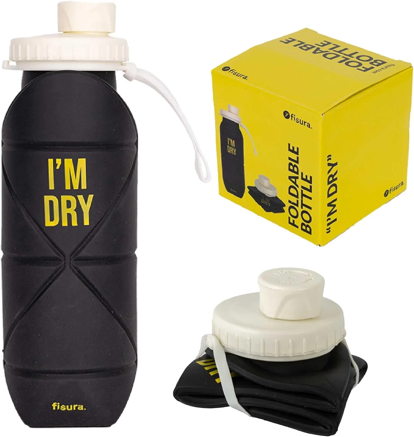 فیسورا - قمقمه تاشو «من خشکم». قمقمه تاشو سیلیکونی انعطاف پذیر بدون BPA، مشکی و زرد. ظرفیت 600 میلی لیتر