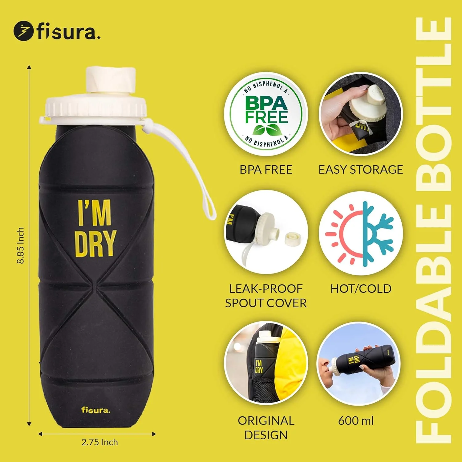 فیسورا - قمقمه تاشو «من خشکم». قمقمه تاشو سیلیکونی انعطاف پذیر بدون BPA، مشکی و زرد. ظرفیت 600 میلی لیتر