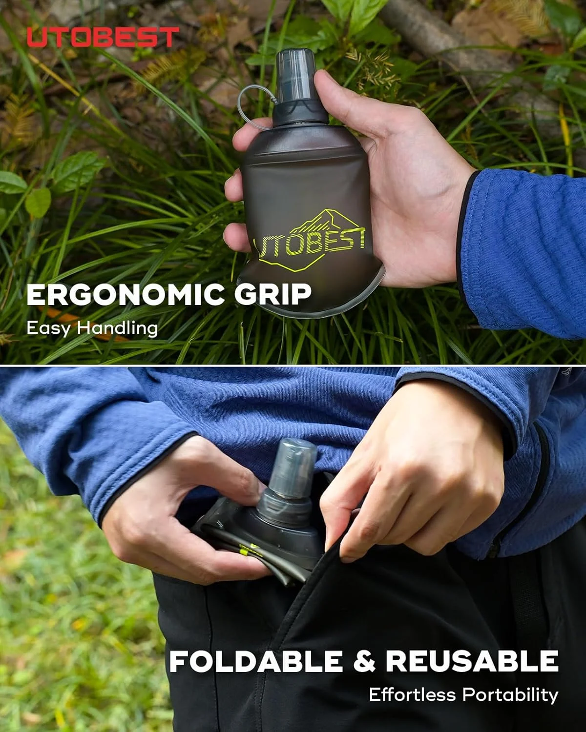 قمقمه نرم 150 میلی لیتری UTOBEST، یک عدد بطری آب تاشو TPU انعطاف پذیر، با دهانه 28 میلی متری برای دویدن، پیاده روی، دوچرخه سواری، کوهنوردی و ماراتن - سبز