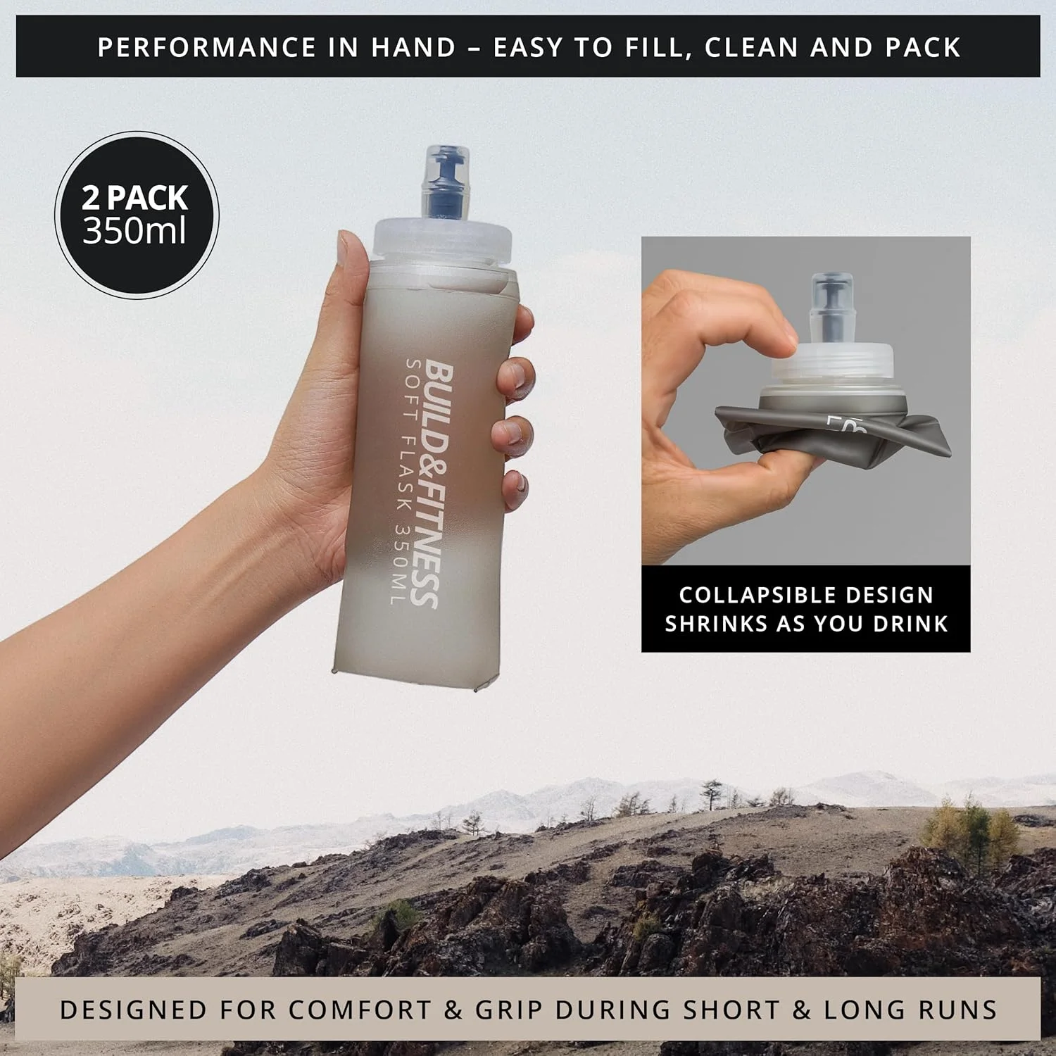 مجموعه 2 عددی قمقمه آب نرم BUILD & FITNESS، 500 میلی لیتر، 350 میلی لیتر، قمقمه آب تاشو، ضد نشت، TPU بدون BPA، تمیز کردن آسان، سازگار با جلیقه و کمربند دویدن