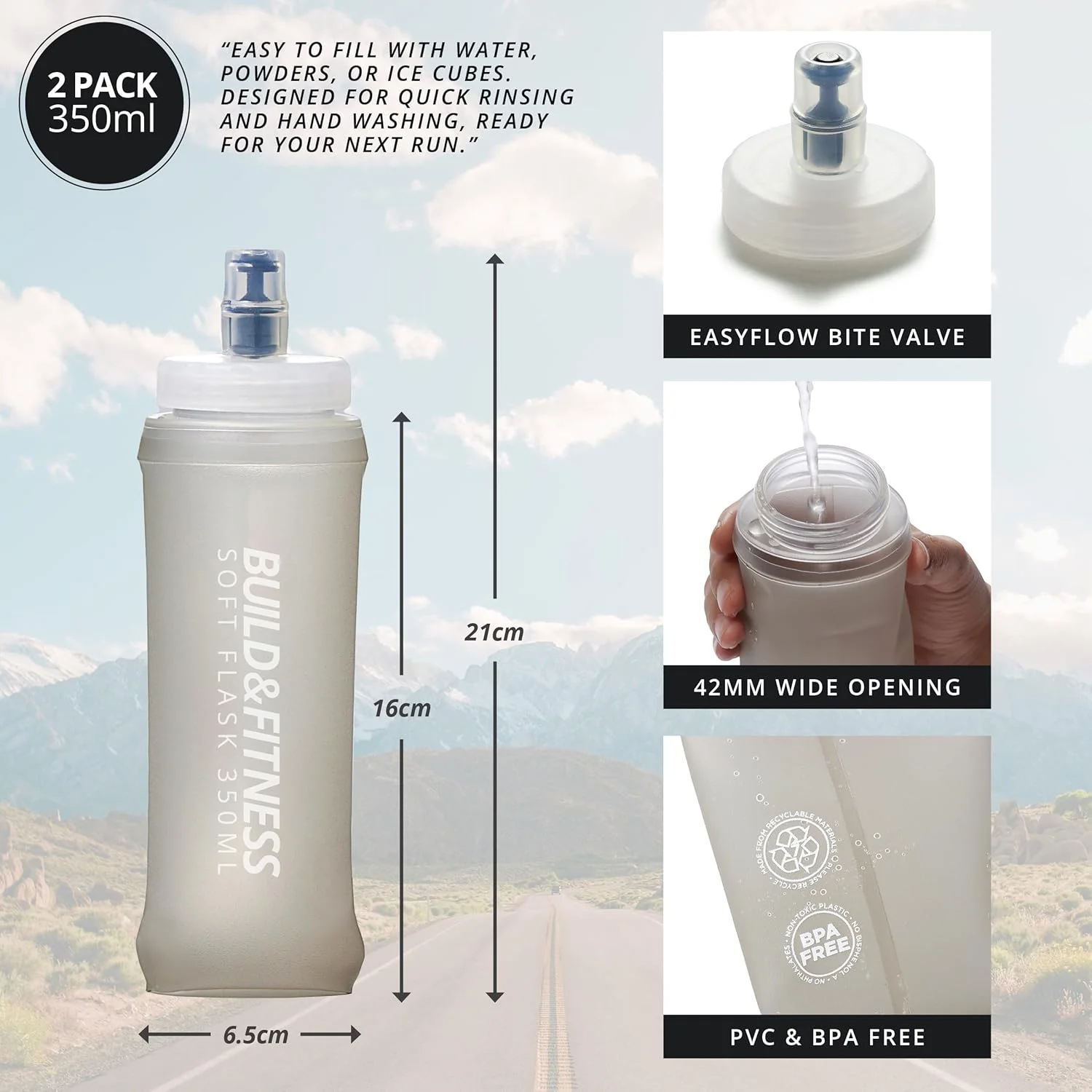 مجموعه 2 عددی قمقمه آب نرم BUILD & FITNESS، 500 میلی لیتر، 350 میلی لیتر، قمقمه آب تاشو، ضد نشت، TPU بدون BPA، تمیز کردن آسان، سازگار با جلیقه و کمربند دویدن