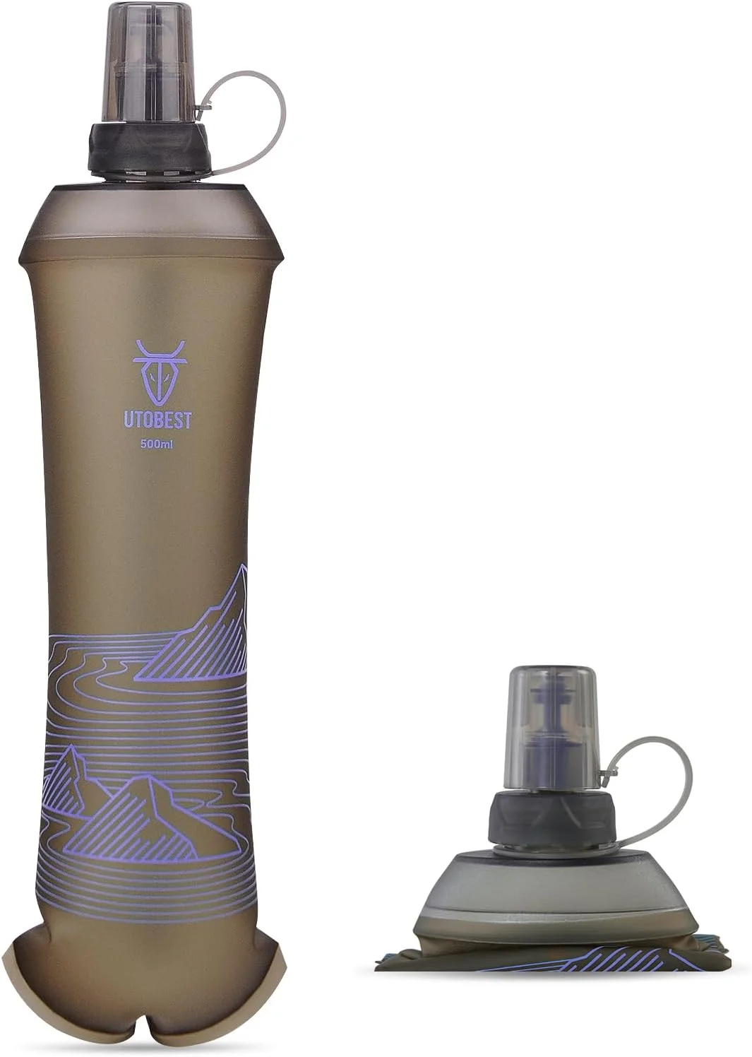 قمقمه نرم 500 میلی لیتری UTOBEST، یک عدد بطری آب تاشو و انعطاف پذیر TPU با دهانه 28 میلی متری برای دویدن، پیاده روی، دوچرخه سواری، کوهنوردی و ماراتن - بنفش