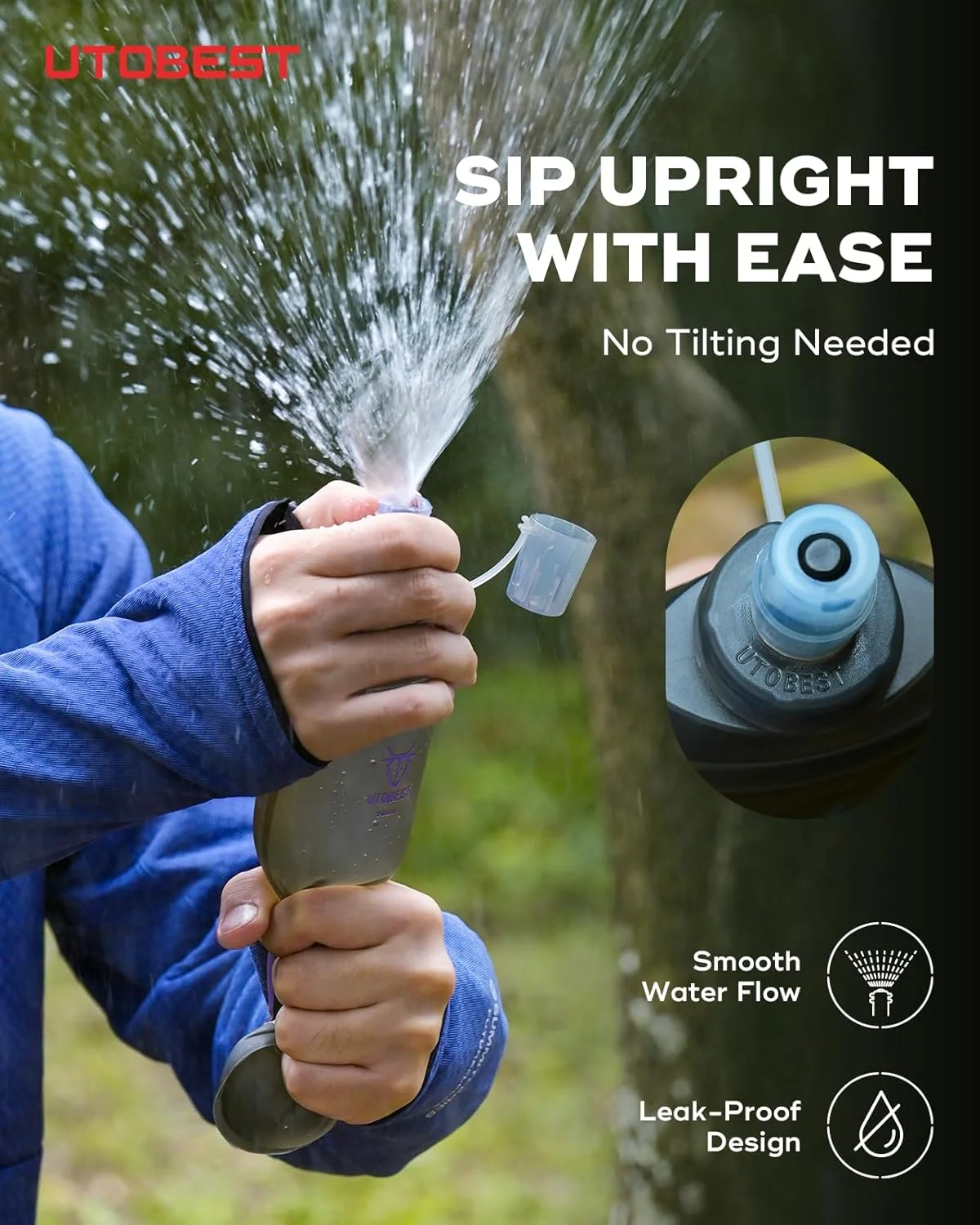 قمقمه نرم 500 میلی لیتری UTOBEST، یک عدد بطری آب تاشو و انعطاف پذیر TPU با دهانه 28 میلی متری برای دویدن، پیاده روی، دوچرخه سواری، کوهنوردی و ماراتن - بنفش