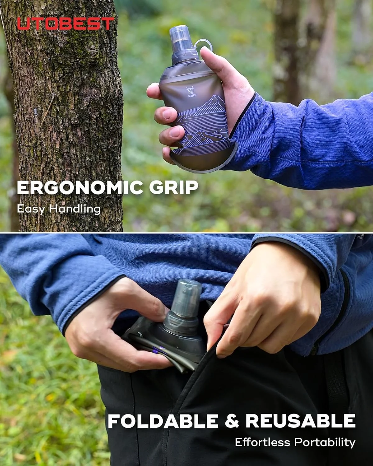 قمقمه نرم UTOBEST، بطری آب تاشو TPU انعطاف پذیر، مناسب برای دویدن، پیاده روی، دوچرخه سواری، کوهنوردی و ماراتن (بنفش، 200 میلی لیتر (2 عدد))