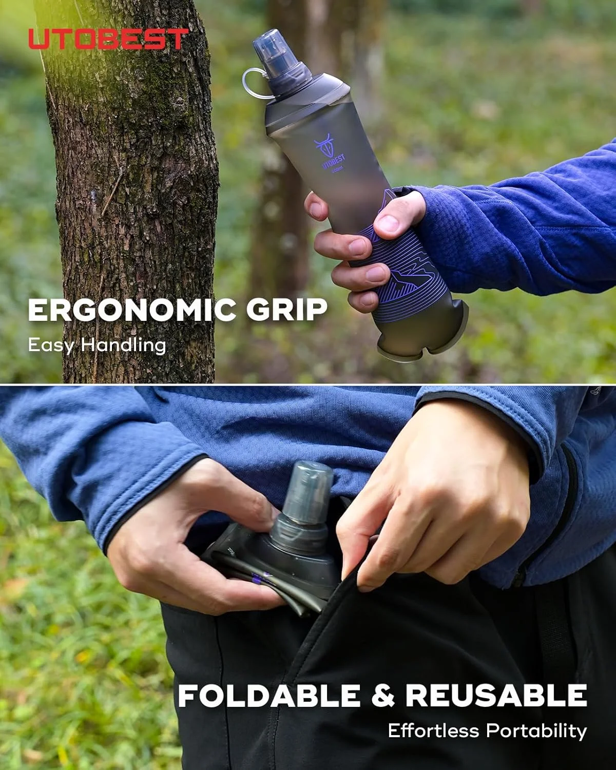 قمقمه نرم 500 میلی لیتری UTOBEST، یک عدد بطری آب تاشو و انعطاف پذیر TPU با دهانه 28 میلی متری برای دویدن، پیاده روی، دوچرخه سواری، کوهنوردی و ماراتن - بنفش