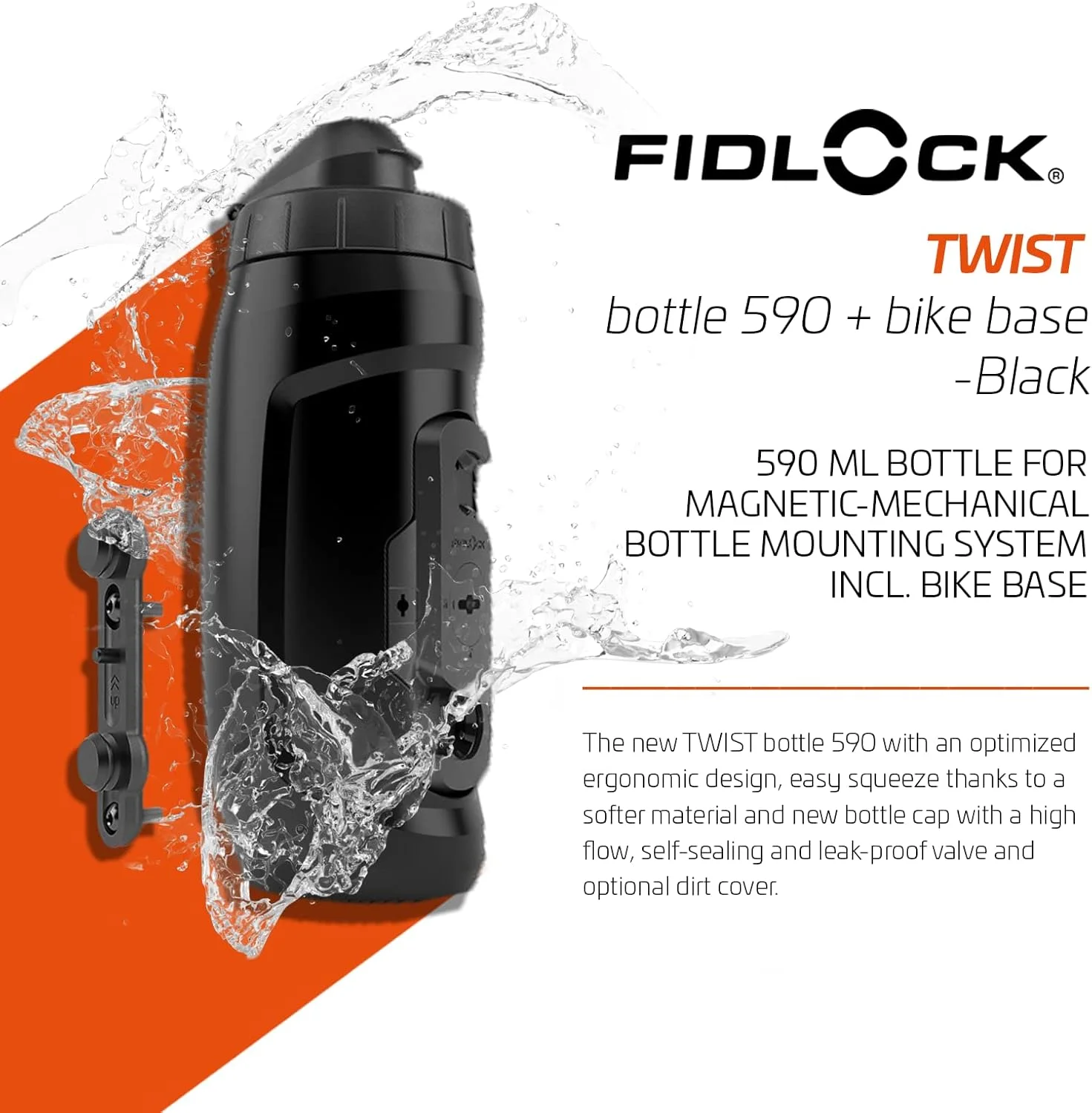 قمقمه 590 میلی لیتری فیدلاک تویست به همراه پایه نگهدارنده دوچرخه - درب جدید ضد نشت و خود آب بند - نگهدارنده قمقمه دوچرخه بدون پیچ و قمقمه متصل - پایه مغناطیسی بدون قفس - مشکی