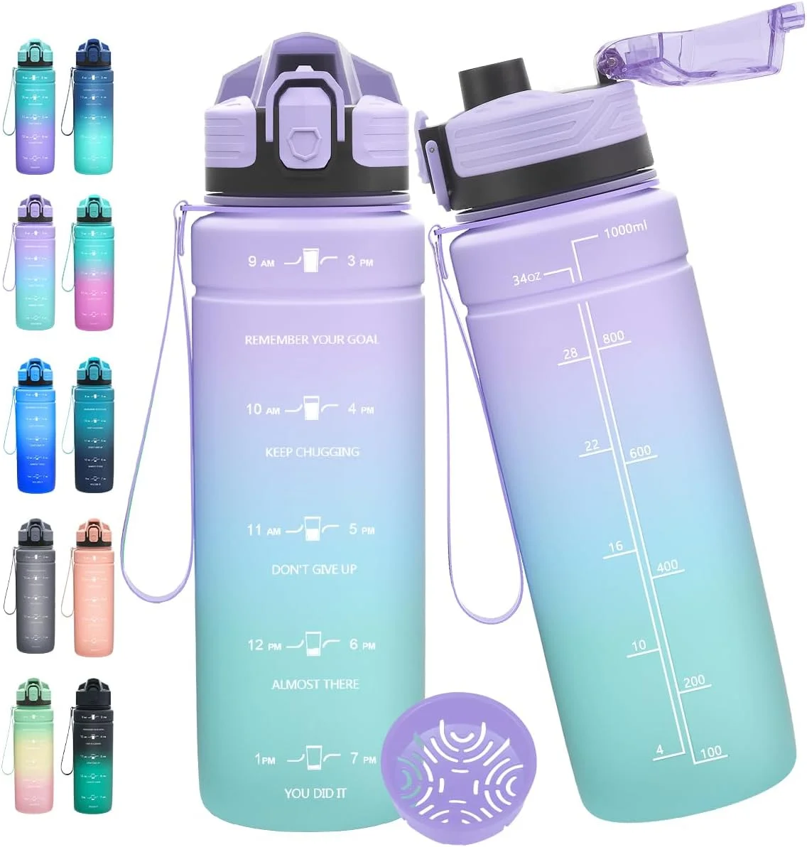 بطری آب ورزشی 1 لیتری/500 میلی لیتری/700 میلی لیتری/1500 میلی لیتری، بطری نوشیدنی تریتان بدون BPA، ضد نشت ورزشی با علامت گذاری زمان، بطری آب برای تناسب اندام، دوچرخه سواری، فضای باز، یوگا، باشگاه، مدرسه
