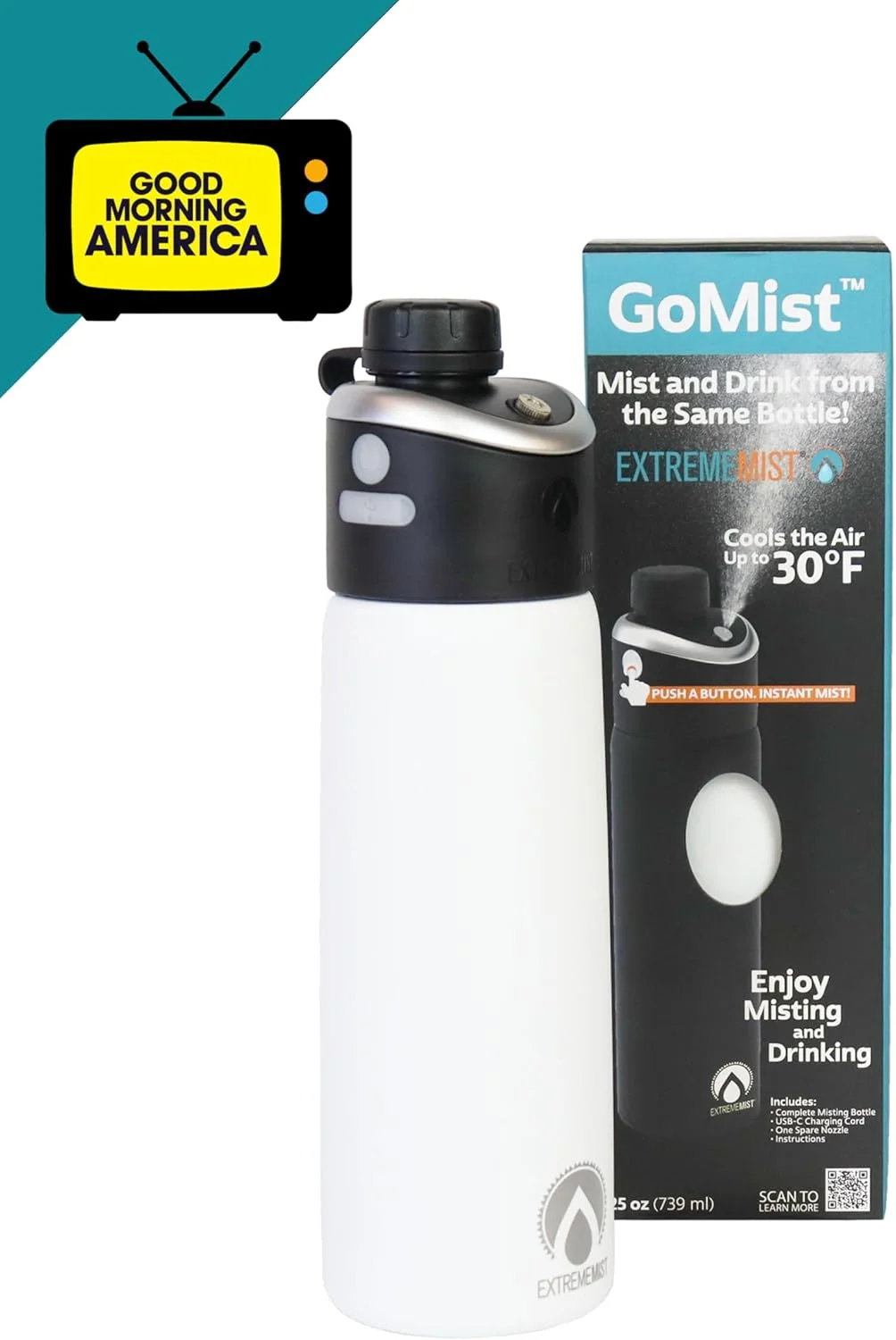 بطری آب خنک کننده و مه پاش ExtremeMIST مدل GoMist - بطری شخصی مه پاش - بطری آب خنک کننده با دهانه آسان نوش - عایق دو جداره استیل ضد زنگ - قمقمه مه پاش قابل حمل - سفید قطبی، 750 میلی لیتر