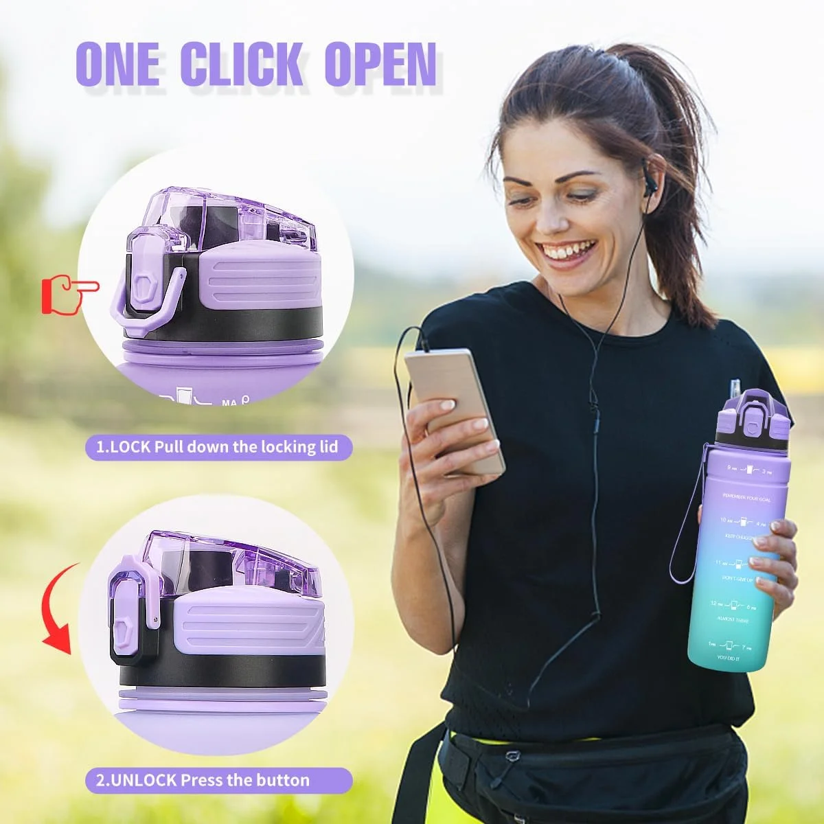 بطری آب ورزشی 1 لیتری/500 میلی لیتری/700 میلی لیتری/1500 میلی لیتری، بطری نوشیدنی تریتان بدون BPA، ضد نشت ورزشی با علامت گذاری زمان، بطری آب برای تناسب اندام، دوچرخه سواری، فضای باز، یوگا، باشگاه، مدرسه