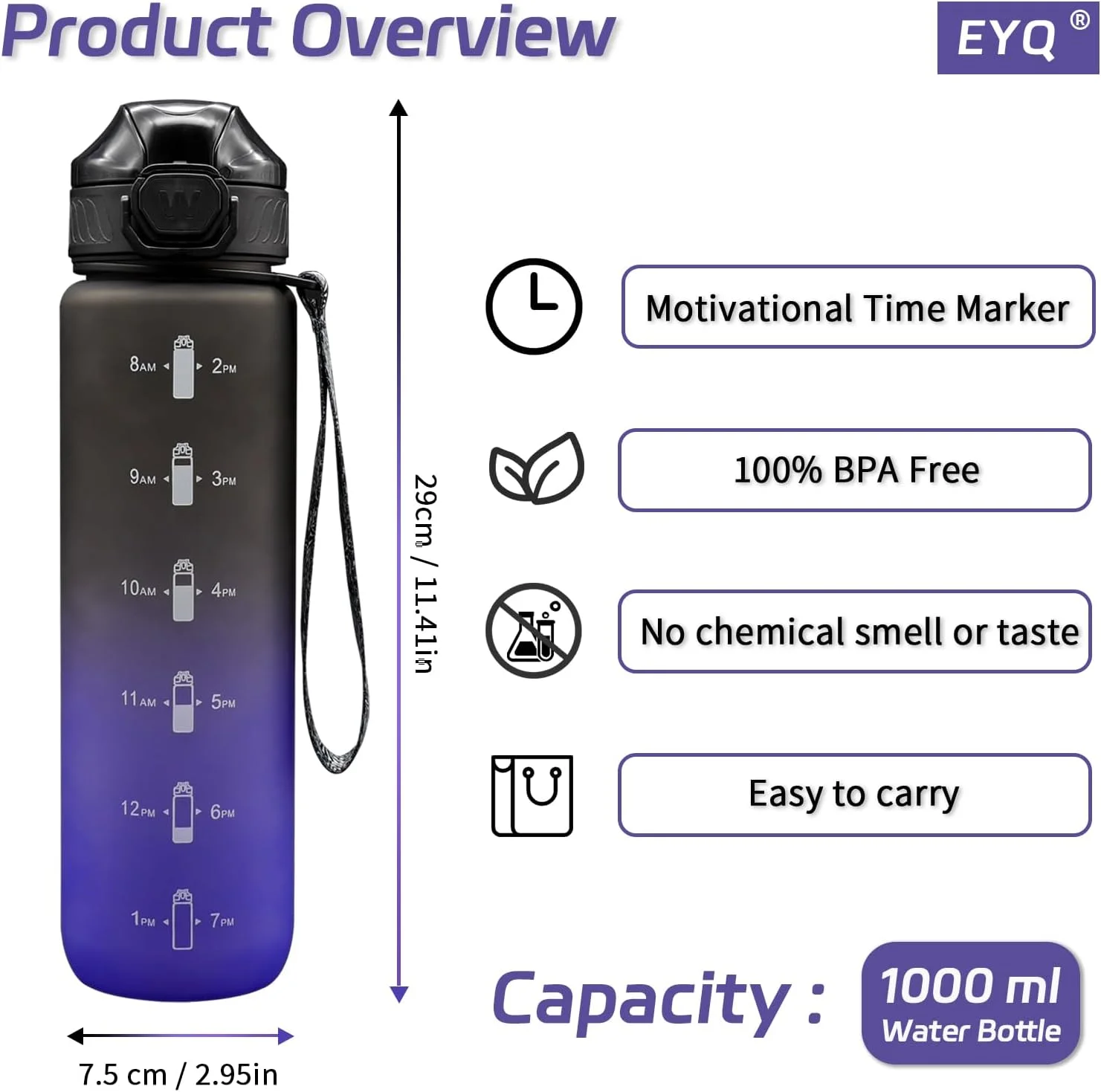 بطری آب ورزشی EYQ با ظرفیت 1 لیتر، ضد نشت، ساخته شده از تریتان بدون BPA، بطری آب انگیزشی 1 لیتری با نشانگر زمان، بطری نوشیدنی ورزشی برای تناسب اندام، مدرسه، باشگاه، ورزش های فضای باز