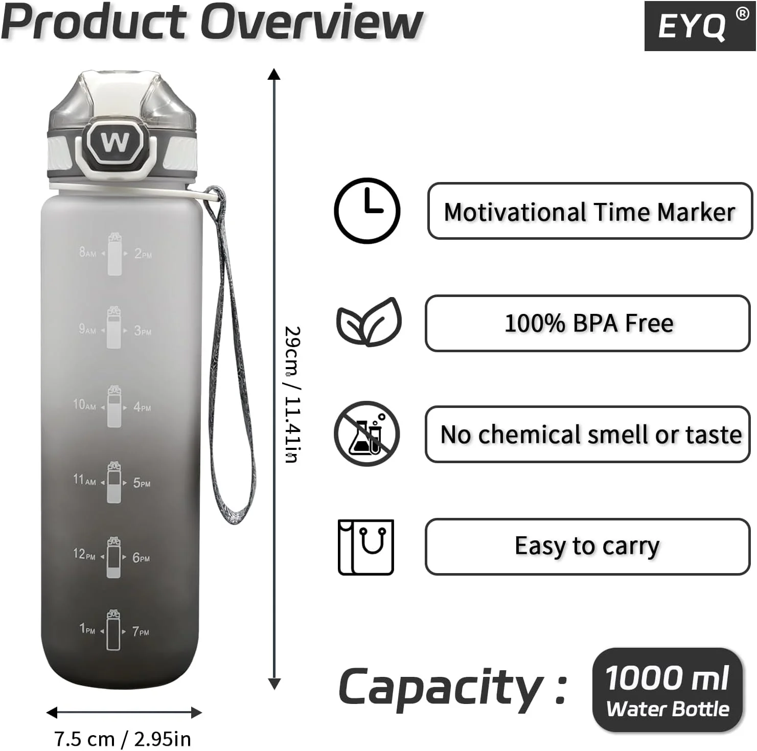 بطری آب ورزشی EYQ با ظرفیت 1 لیتر، ضد نشت، ساخته شده از تریتان بدون BPA، بطری آب انگیزشی 1 لیتری با نشانگر زمان، بطری نوشیدنی ورزشی برای تناسب اندام، مدرسه، باشگاه، ورزش های فضای باز