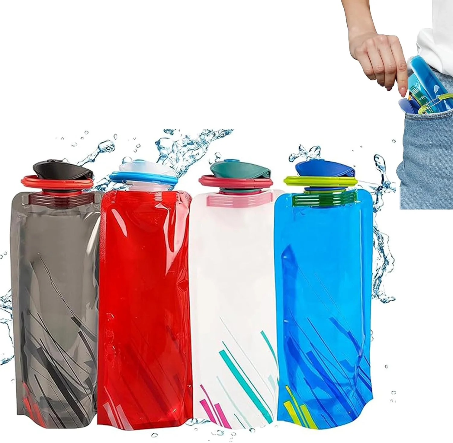 ست ۴ عددی قمقمه آب تاشو، قمقمه آب تاشو، قمقمه های آب تاشو، قمقمه آب تاشو، برای ورزش های فضای باز، پیاده روی، ماجراجویی، مسافرت، دوچرخه سواری (آبی، سفید، قرمز، مشکی)