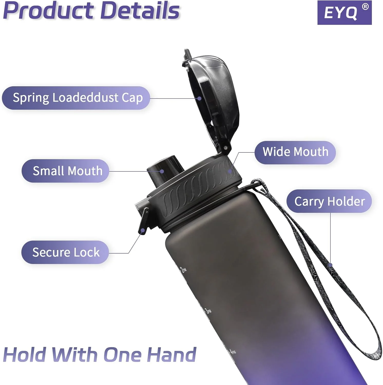 بطری آب ورزشی EYQ با ظرفیت 1 لیتر، ضد نشت، ساخته شده از تریتان بدون BPA، بطری آب انگیزشی 1 لیتری با نشانگر زمان، بطری نوشیدنی ورزشی برای تناسب اندام، مدرسه، باشگاه، ورزش های فضای باز