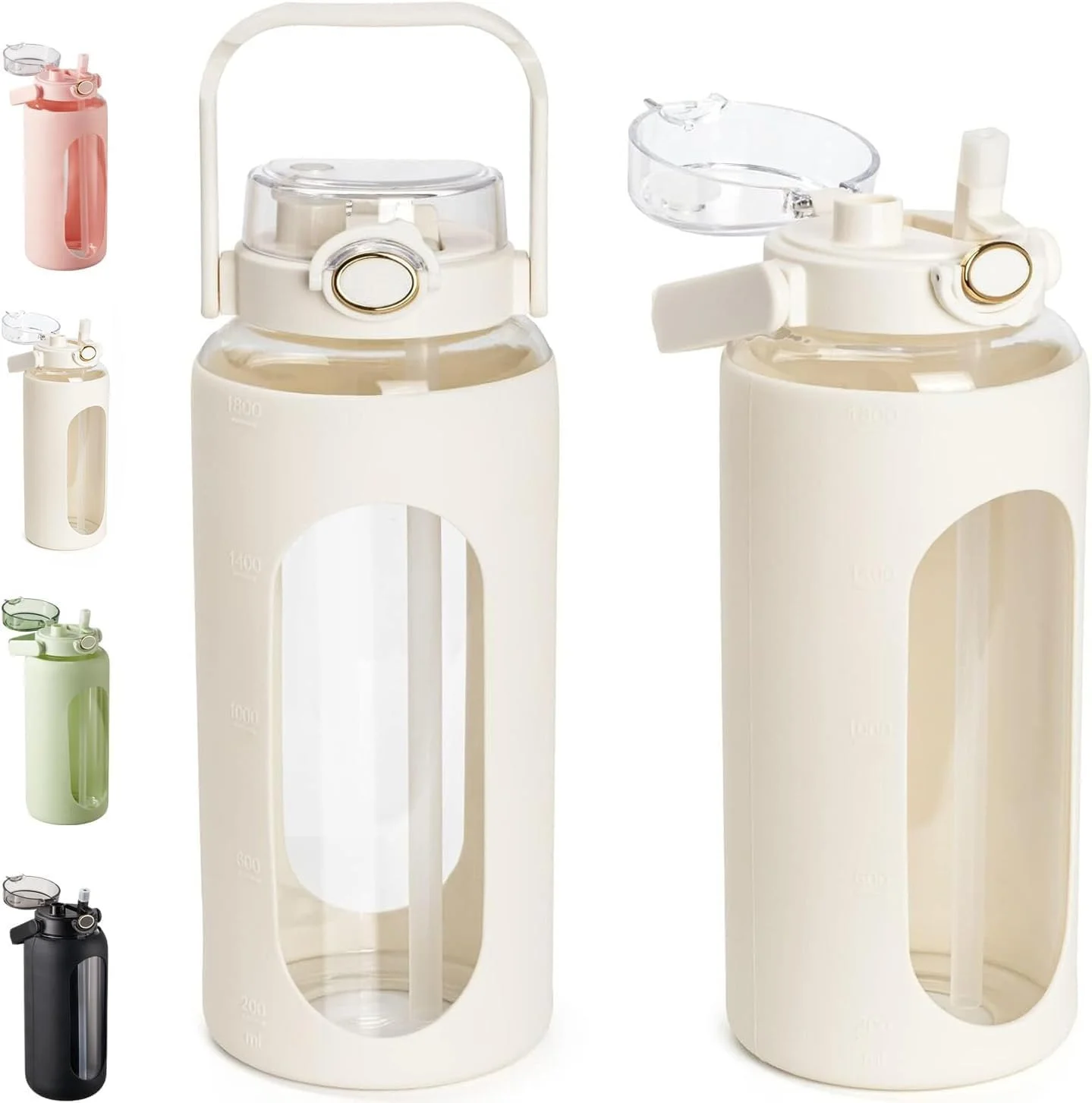 بطری آب شیشه ای EETU با نی و دسته، بطری نیم گالن با روکش سیلیکونی، بطری آب ورزشی 2 لیتری برای تناسب اندام، باشگاه، تمرین (سفید)