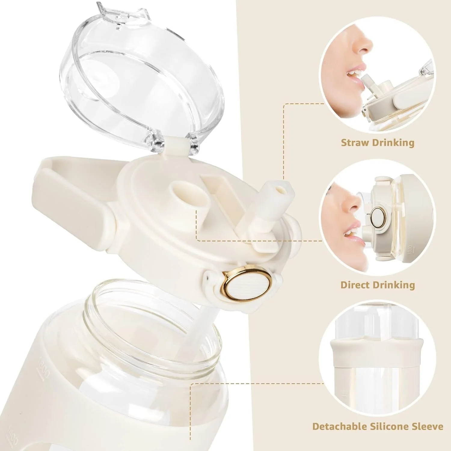 بطری آب شیشه ای EETU با نی و دسته، بطری نیم گالن با روکش سیلیکونی، بطری آب ورزشی 2 لیتری برای تناسب اندام، باشگاه، تمرین (سفید)