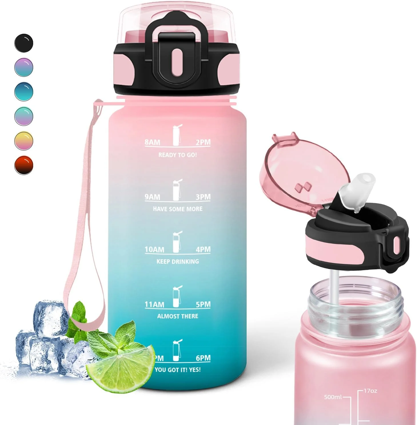 بطری نوشیدنی کودک، بطری نوشیدنی 500 میلی لیتری، بطری نوشیدنی با نی، تمیز کردن آسان، بطری نوشیدنی با علامت گذاری زمان، ضد نشت، بطری آب برای مدرسه، دویدن، دختران