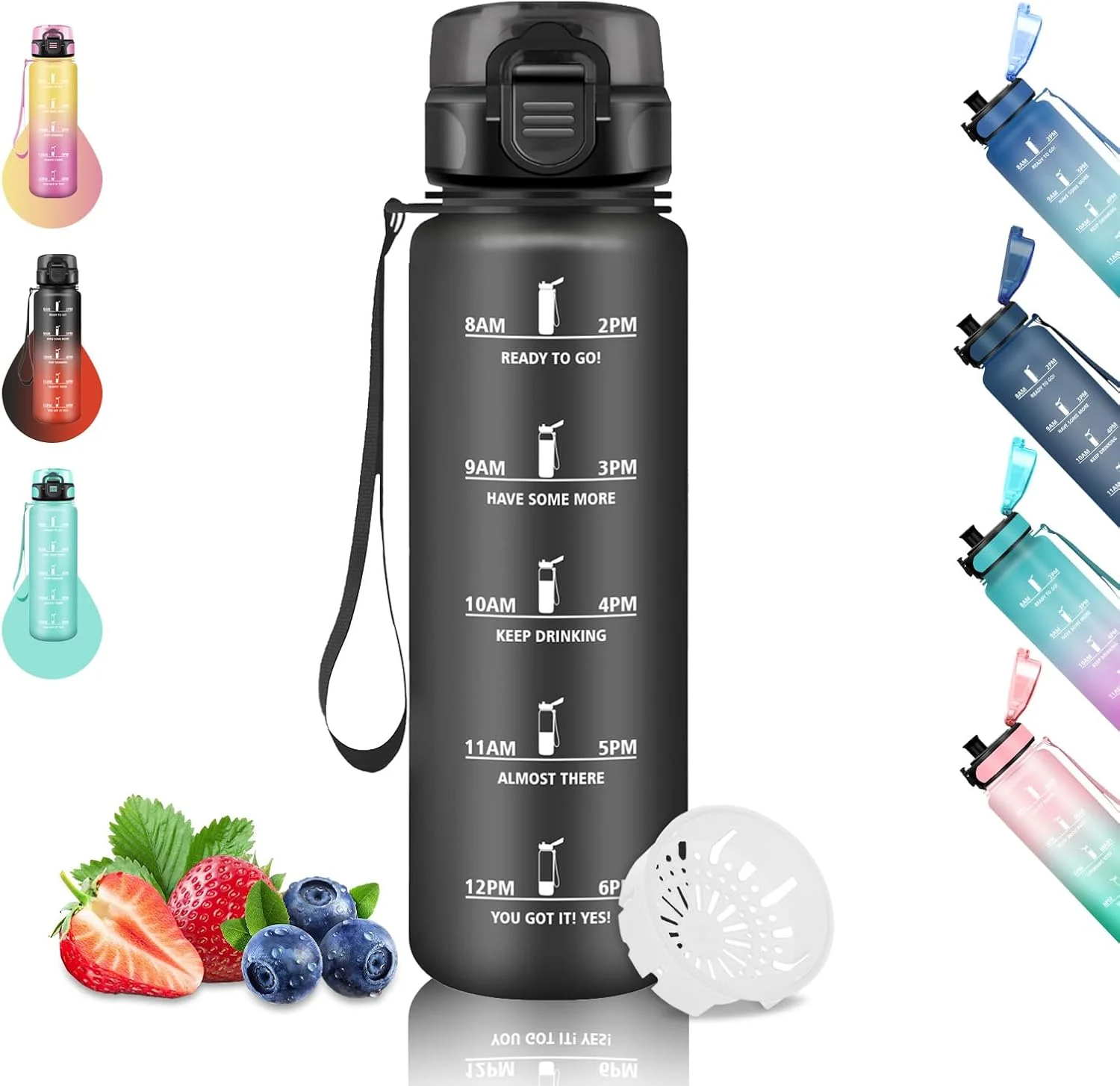 بطری آب 1 لیتری، بطری آب ورزشی، ضد نشت، با فیلتر، بطری آب با علامت گذاری زمان، قابل حمل، بطری نوشیدنی باشگاه برای دویدن، کمپینگ، پیاده روی، مشکی