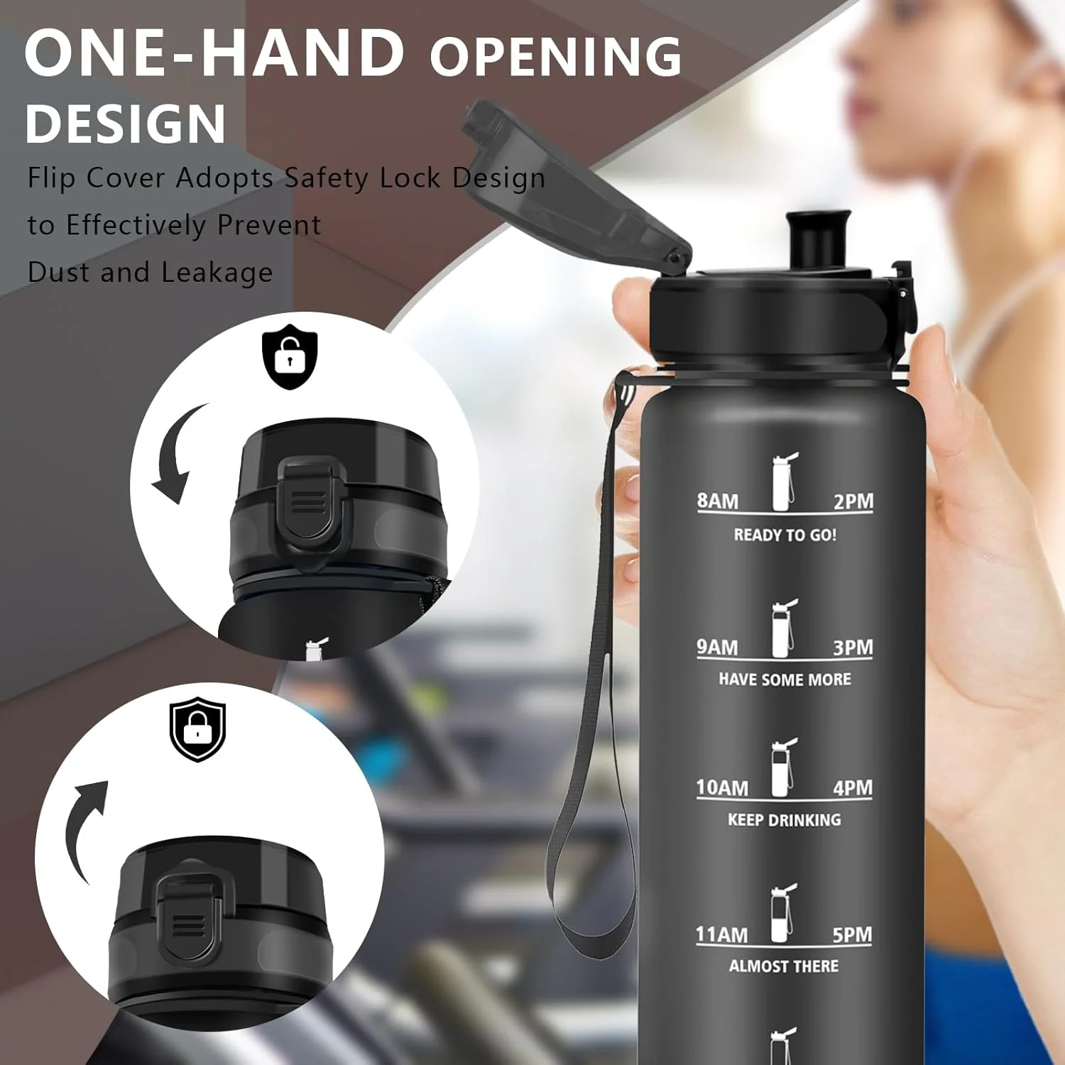 بطری آب 1 لیتری، بطری آب ورزشی، ضد نشت، با فیلتر، بطری آب با علامت گذاری زمان، قابل حمل، بطری نوشیدنی باشگاه برای دویدن، کمپینگ، پیاده روی، مشکی