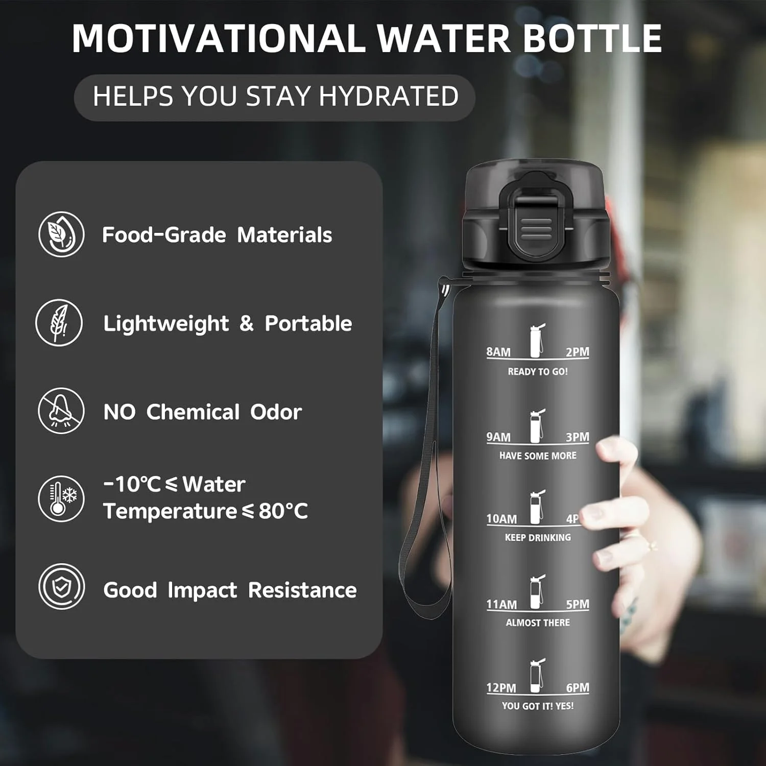 بطری آب 1 لیتری، بطری آب ورزشی، ضد نشت، با فیلتر، بطری آب با علامت گذاری زمان، قابل حمل، بطری نوشیدنی باشگاه برای دویدن، کمپینگ، پیاده روی، مشکی