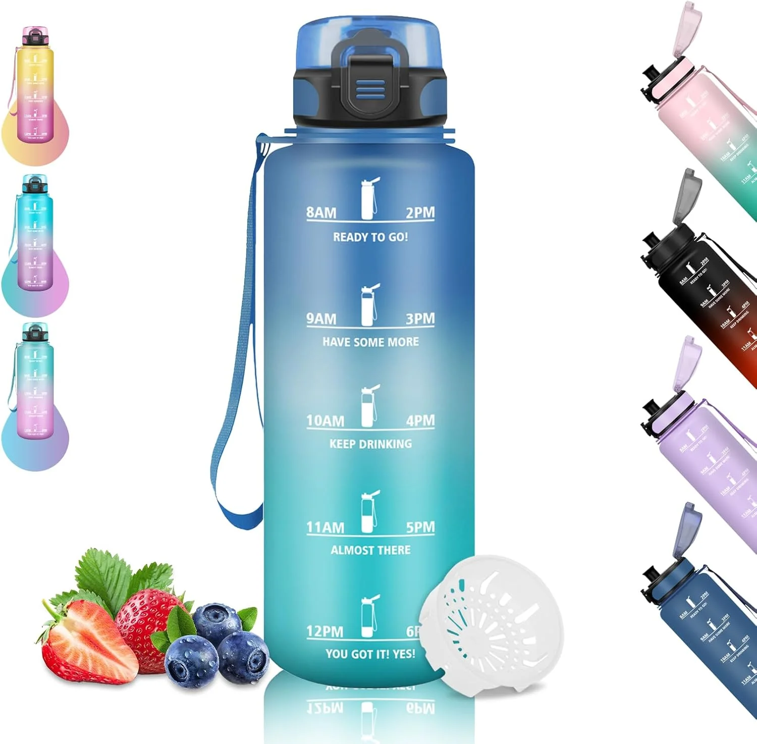 بطری نوشیدنی، بطری آب ورزشی 1.5 لیتری، ضد نشت، تمیز کردن آسان، مناسب برای نوشیدنی های گازدار، بطری آب برای دوچرخه، مدرسه، کمپینگ، پیاده روی، دویدن، آبی/سبز