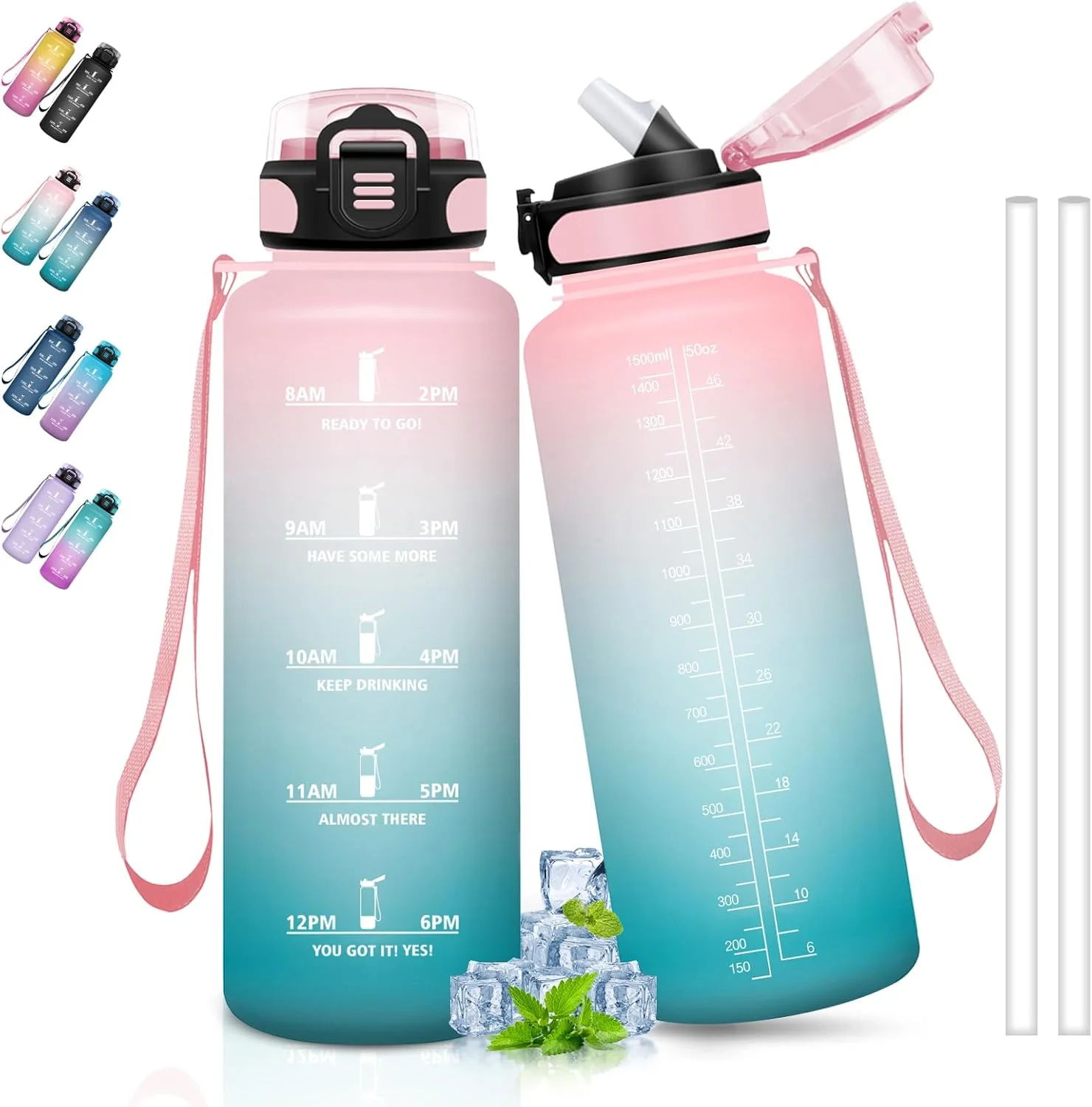 بطری آب 1.5 لیتری، بطری ورزشی با شعار انگیزشی، بطری آب با نی، بطری آب با نشانگر زمان، بطری آب برای تناسب اندام، دویدن، صورتی و سبز