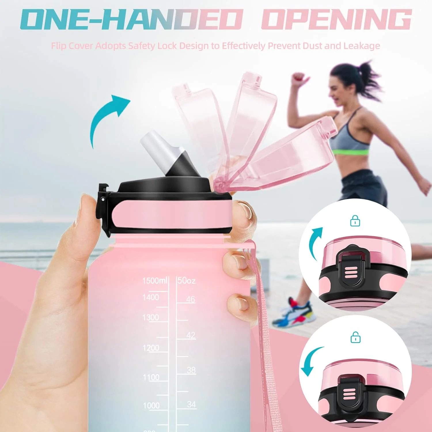 بطری آب 1.5 لیتری، بطری ورزشی با شعار انگیزشی، بطری آب با نی، بطری آب با نشانگر زمان، بطری آب برای تناسب اندام، دویدن، صورتی و سبز