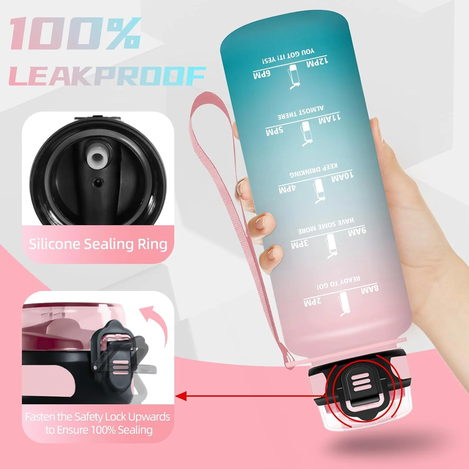 بطری آب 1.5 لیتری، بطری ورزشی با شعار انگیزشی، بطری آب با نی، بطری آب با نشانگر زمان، بطری آب برای تناسب اندام، دویدن، صورتی و سبز