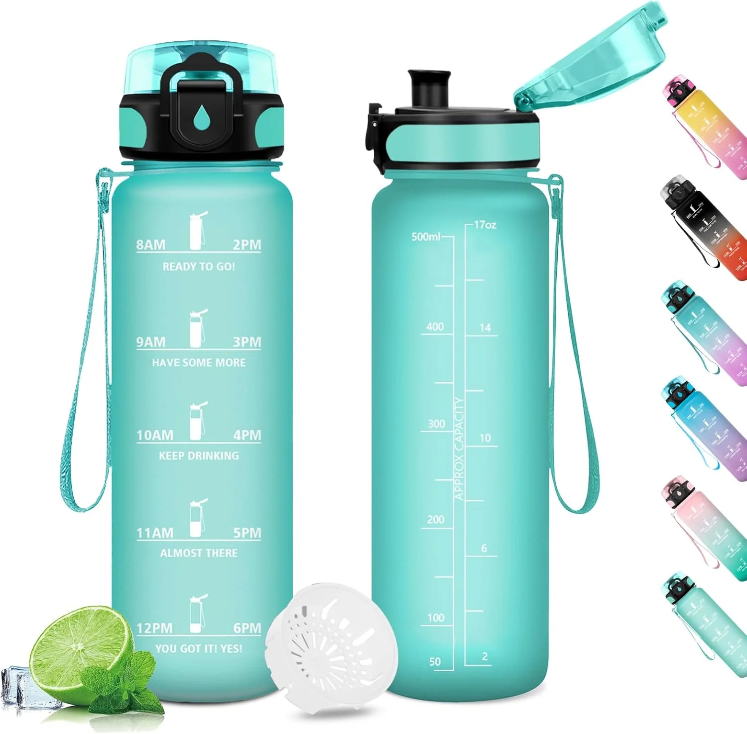 بطری نوشیدنی 500 میلی لیتری مناسب برای نوشیدنی های گازدار، بطری ورزشی، ضد نشت، بطری آب ورزشی با نشانگر زمان، بطری آب برای کودکان، مدرسه، باشگاه، دفتر، دوچرخه، سیکلیسمو، فضای باز