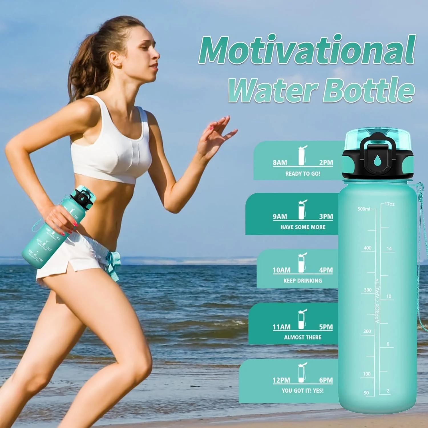 بطری نوشیدنی 500 میلی لیتری مناسب برای نوشیدنی های گازدار، بطری ورزشی، ضد نشت، بطری آب ورزشی با نشانگر زمان، بطری آب برای کودکان، مدرسه، باشگاه، دفتر، دوچرخه، سیکلیسمو، فضای باز