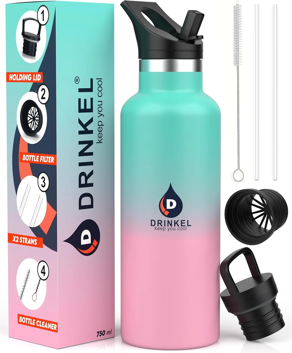 بطری آب استیل ضد زنگ D Drinkel با نی، بطری ورزشی عایق خلاء 750 میلی لیتری برای نوشیدنی های سرد و گرم، فاقد BPA، بطری آب فلزی ضد نشت با درب اضافی برای نگهداری، مناسب باشگاه و کمپینگ (سبز صورتی)