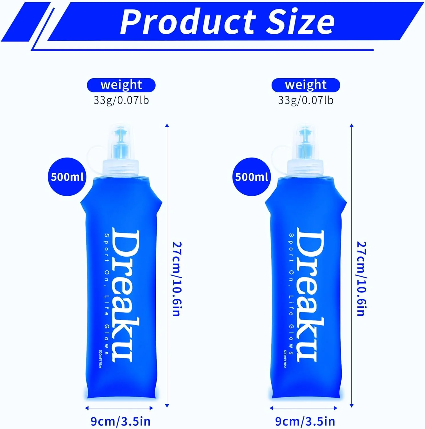 قمقمه آب نرم تاشو مخصوص دویدن، بسته 2 عددی کیسه آب تاشو TPU با درپوش ضد گرد و غبار برای جلیقه دویدن، لوازم ضروری تاشو قابل حمل برای پیاده روی، دوچرخه سواری و کوهنوردی (آبی، 500 میلی لیتر)