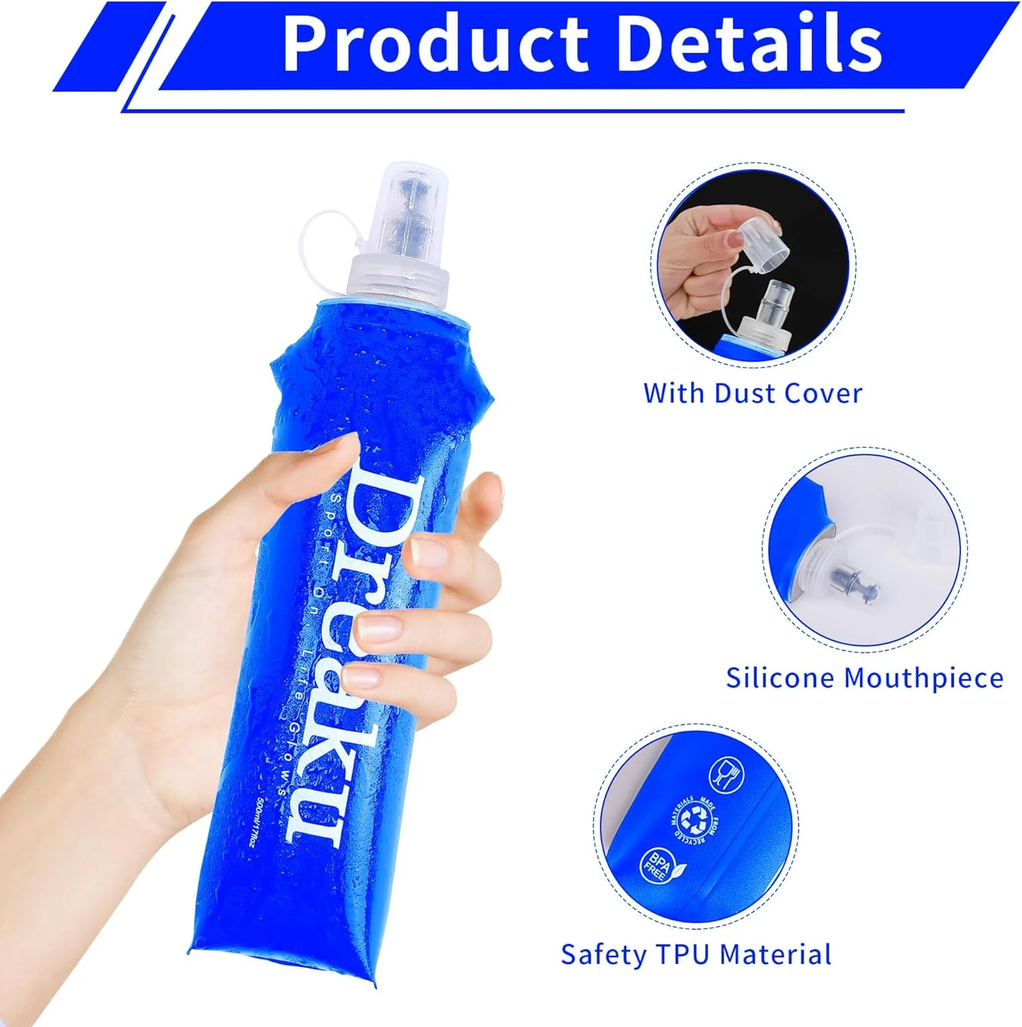 قمقمه آب نرم تاشو مخصوص دویدن، بسته 2 عددی کیسه آب تاشو TPU با درپوش ضد گرد و غبار برای جلیقه دویدن، لوازم ضروری تاشو قابل حمل برای پیاده روی، دوچرخه سواری و کوهنوردی (آبی، 500 میلی لیتر)