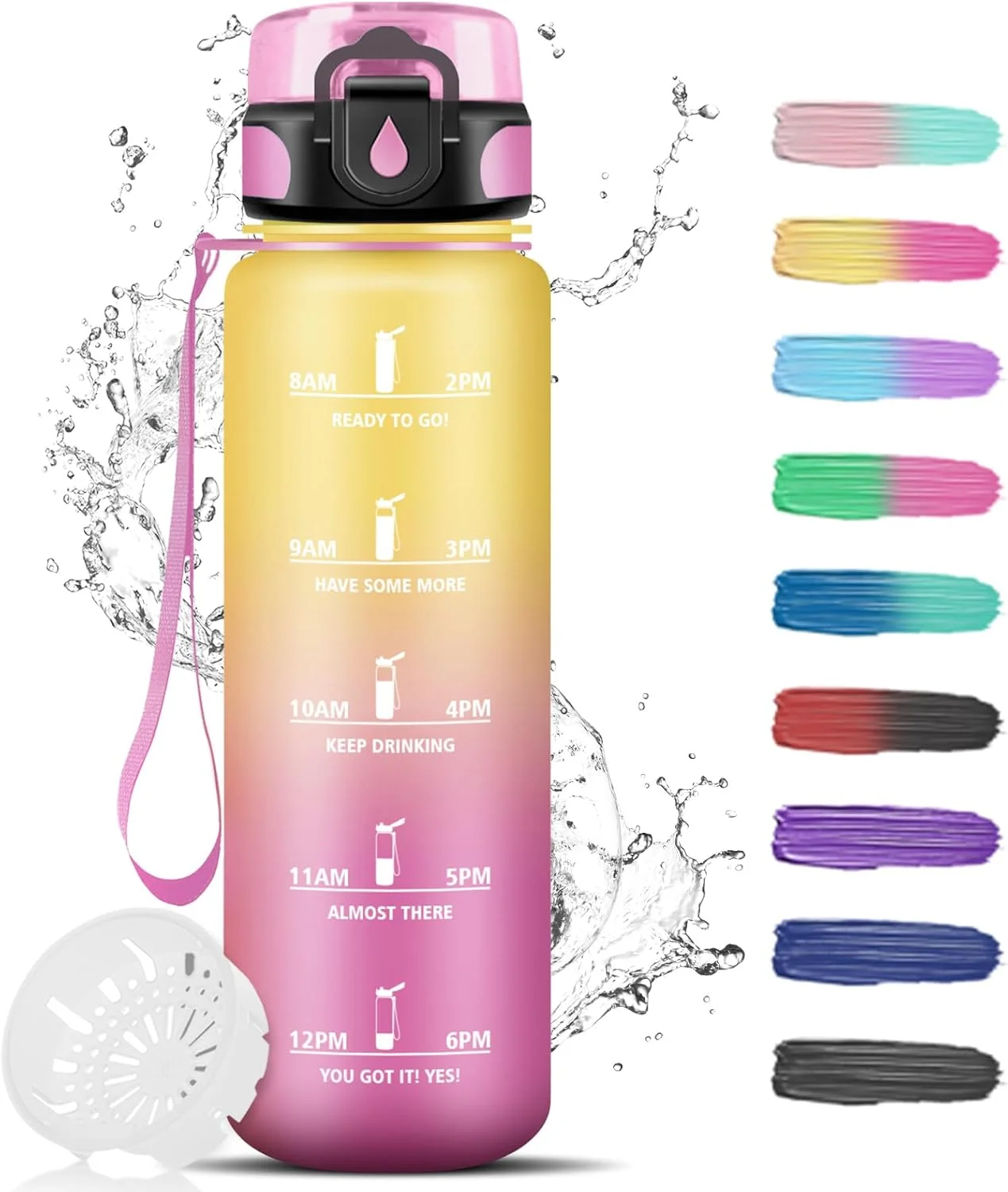 بطری آب آشامیدنی 1 لیتری، بطری آب ورزشی با فیلتر، بطری آب برای بزرگسالان، بطری آب با نشانگر زمان، تمیز کردن آسان، بطری آب انگیزشی، برای پیاده روی، باشگاه، مدرسه، کمپینگ، فضای باز