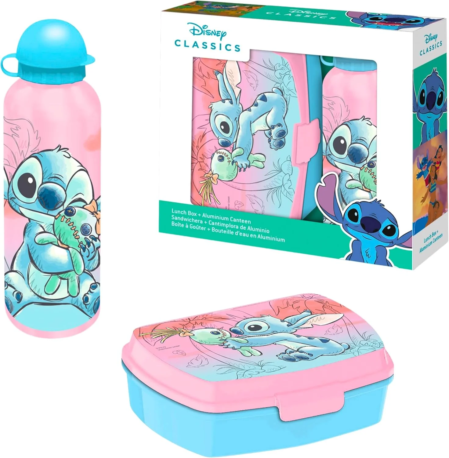 بطری و جعبه ناهار دیزنی استیچ، بطری آب طرح استیچ و اسکرامپ برای دختران، بطری مسافرتی آلومینیومی، ظرفیت 500 میلی لیتر