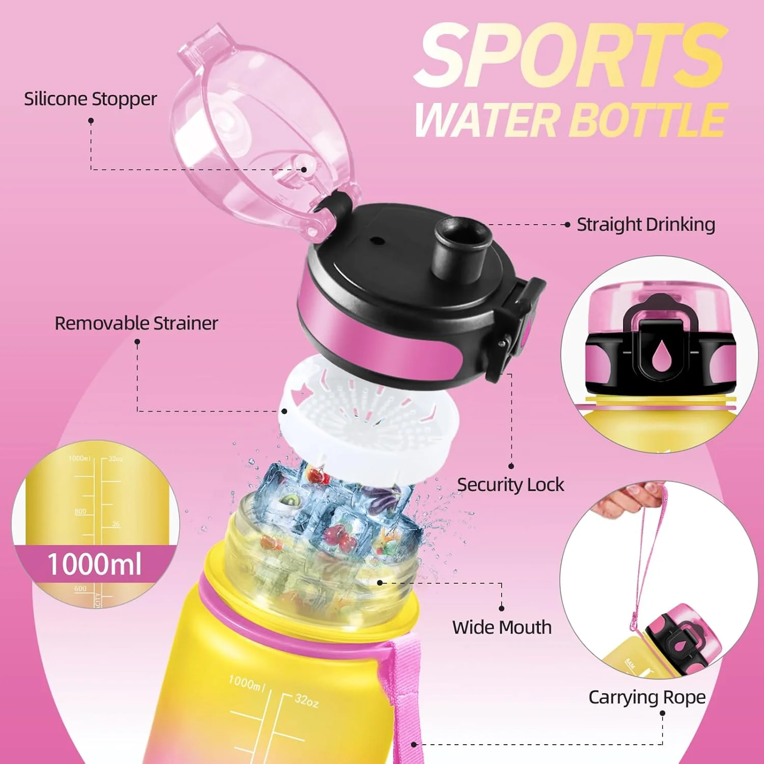 بطری آب آشامیدنی 1 لیتری، بطری آب ورزشی با فیلتر، بطری آب برای بزرگسالان، بطری آب با نشانگر زمان، تمیز کردن آسان، بطری آب انگیزشی، برای پیاده روی، باشگاه، مدرسه، کمپینگ، فضای باز