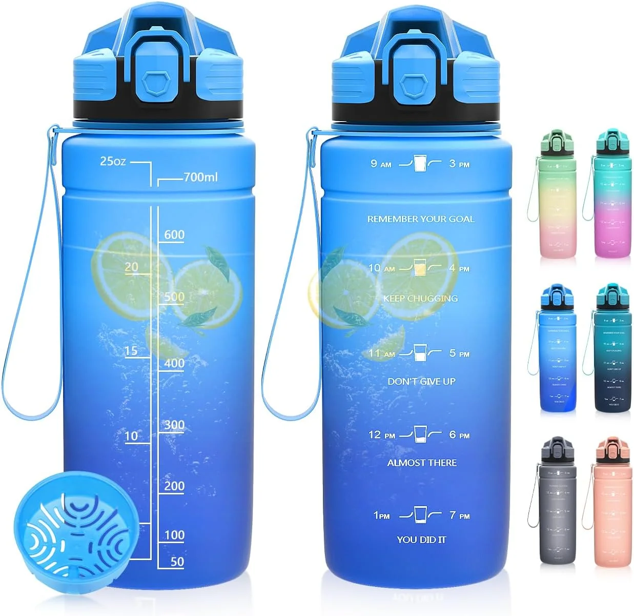 بطری نوشیدنی، 1 لیتر، 700 میلی لیتر، 500 میلی لیتر، بطری آب ضد نشت کودکانه با علامت زمان انگیزشی، بطری ورزشی تریتان بدون BPA برای مدرسه، ورزش، دوچرخه، کار، تناسب اندام