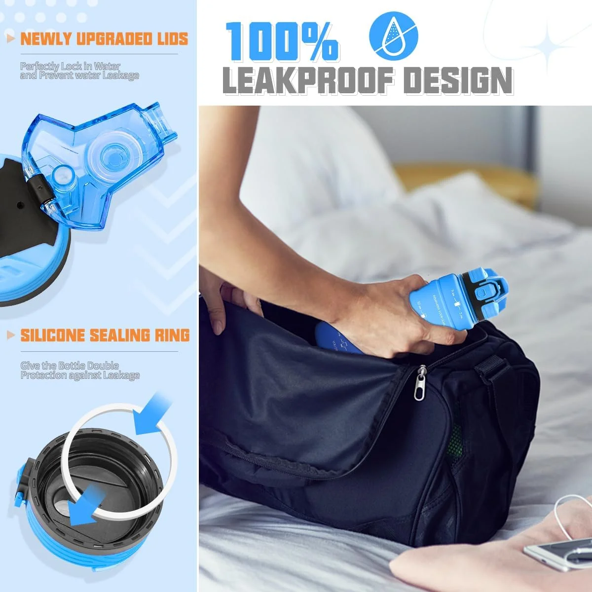 بطری نوشیدنی، 1 لیتر، 700 میلی لیتر، 500 میلی لیتر، بطری آب ضد نشت کودکانه با علامت زمان انگیزشی، بطری ورزشی تریتان بدون BPA برای مدرسه، ورزش، دوچرخه، کار، تناسب اندام