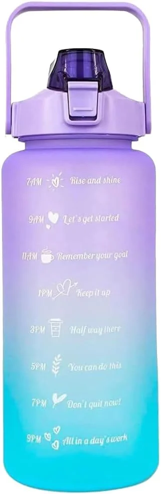 بطری آب ۲ لیتری COOLBABY بنفش با نی و دسته. قمقمه باشگاه قابل استفاده مجدد با طرح تای دای و نشانگرهای تشویقی زمان. میزان مصرف روزانه و ساعتی برای نوشیدن.