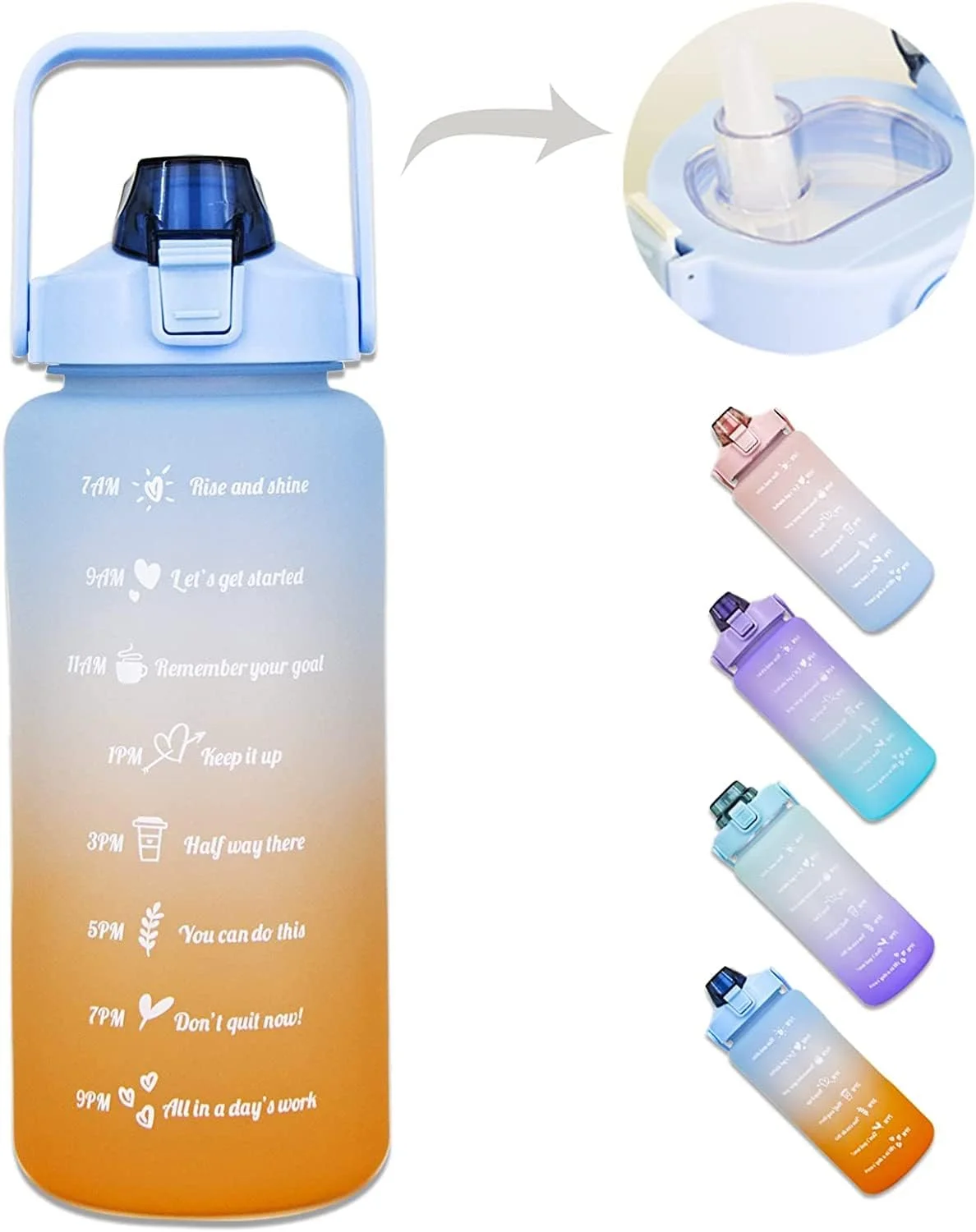 بطری آب 2 لیتری آبی رنگ COOLBABY با نی و دسته. قمقمه ورزشی قابل استفاده مجدد با طرح کراواتی و علامت گذاری های تشویقی زمانی. اهداف روزانه و ساعتی برای نوشیدن، YLY2009-BL