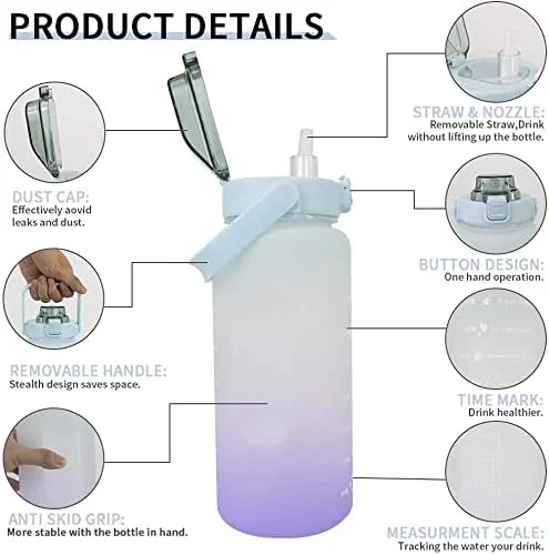 بطری آب ۲ لیتری COOLBABY بنفش با نی و دسته. قمقمه باشگاه قابل استفاده مجدد با طرح تای دای و نشانگرهای تشویقی زمان. میزان مصرف روزانه و ساعتی برای نوشیدن.