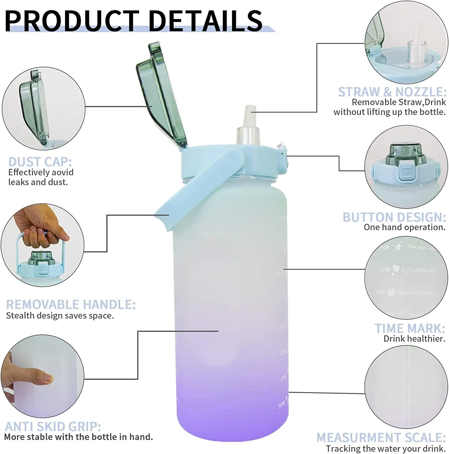 بطری آب 2 لیتری سبز COOLBABY با نی و دسته. قمقمه ورزشی قابل استفاده مجدد با طرح کراواتی و نشانگرهای تشویقی زمان. میزان مصرف ساعتی روزانه برای نوشیدن، YLY2009-GR