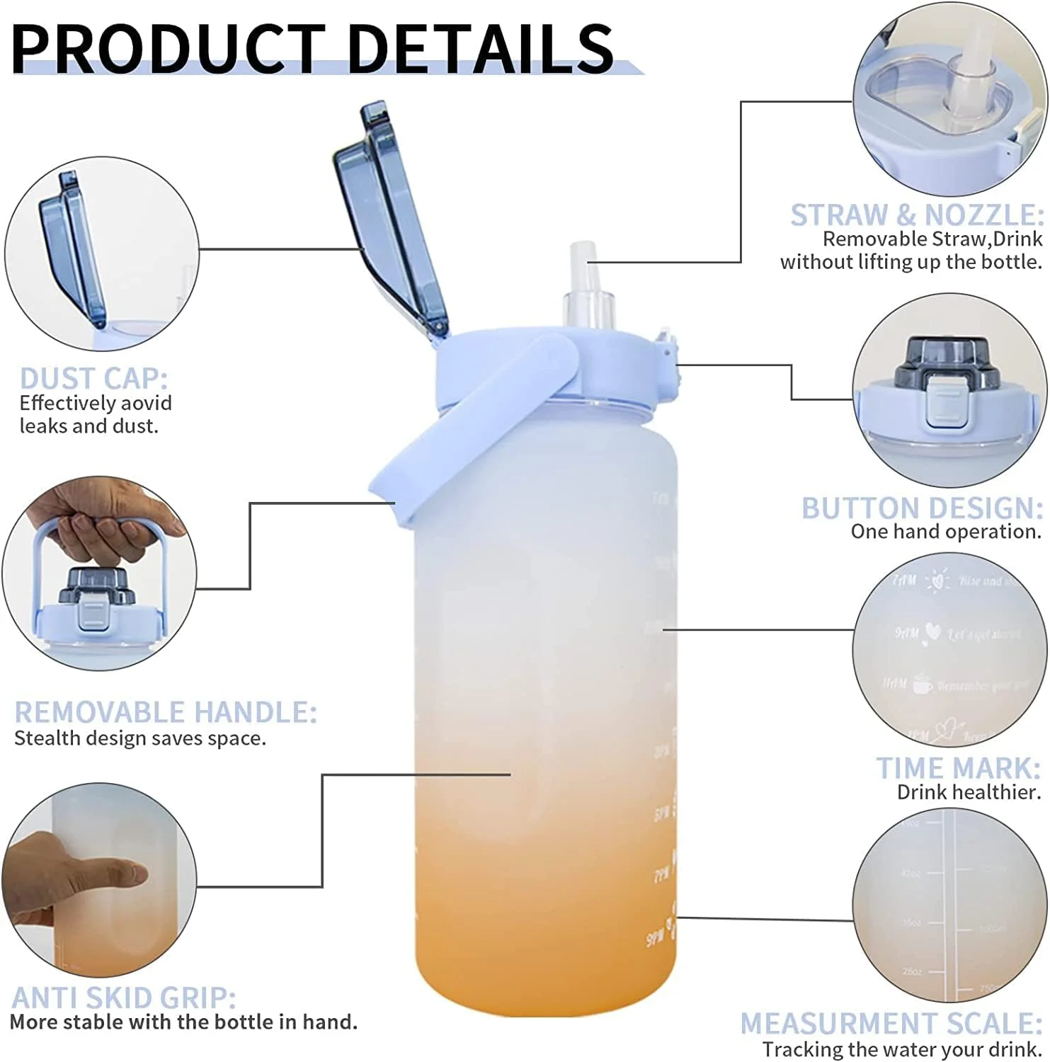 بطری آب 2 لیتری آبی رنگ COOLBABY با نی و دسته. قمقمه ورزشی قابل استفاده مجدد با طرح کراواتی و علامت گذاری های تشویقی زمانی. اهداف روزانه و ساعتی برای نوشیدن، YLY2009-BL