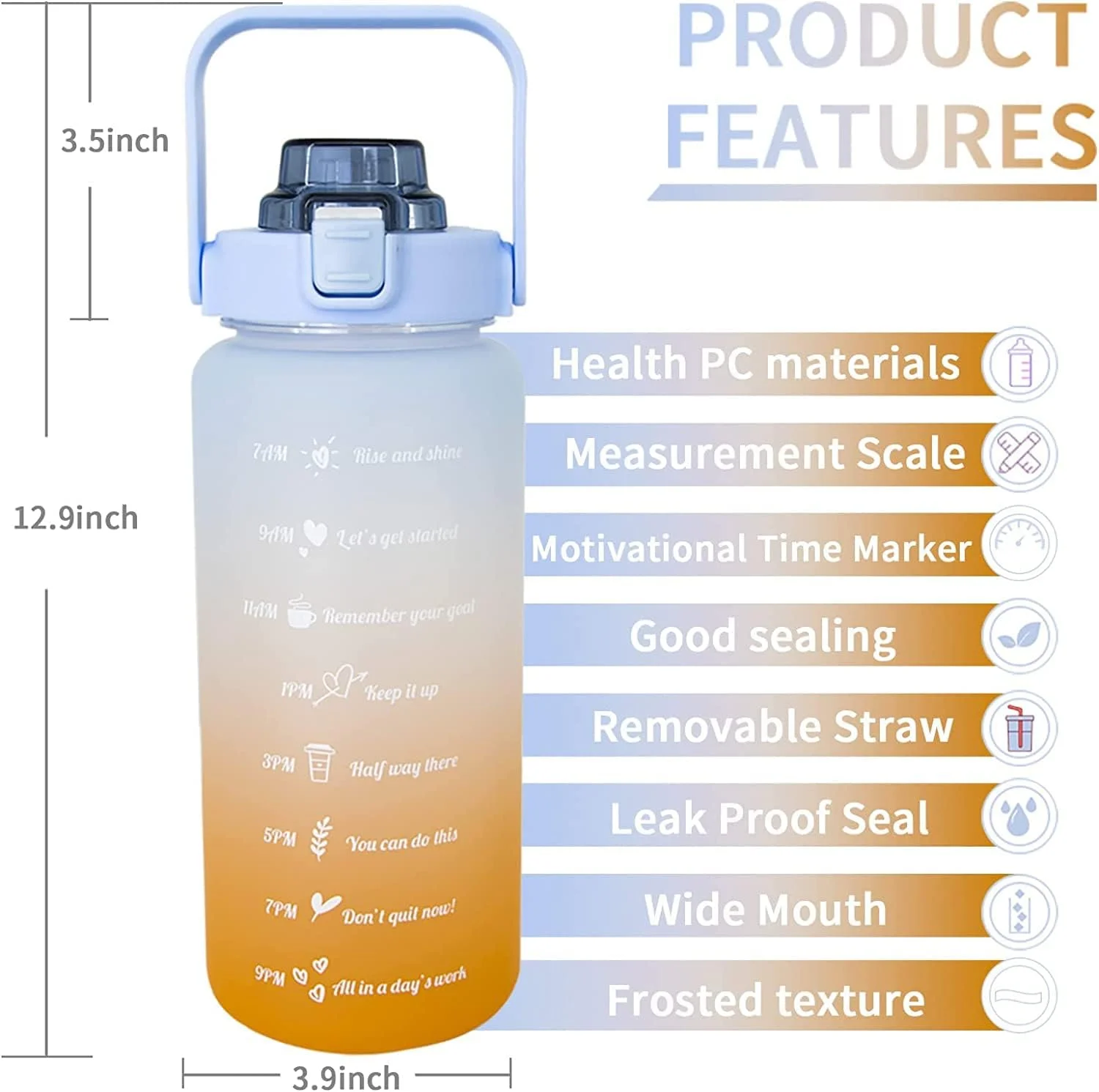 بطری آب 2 لیتری آبی رنگ COOLBABY با نی و دسته. قمقمه ورزشی قابل استفاده مجدد با طرح کراواتی و علامت گذاری های تشویقی زمانی. اهداف روزانه و ساعتی برای نوشیدن، YLY2009-BL